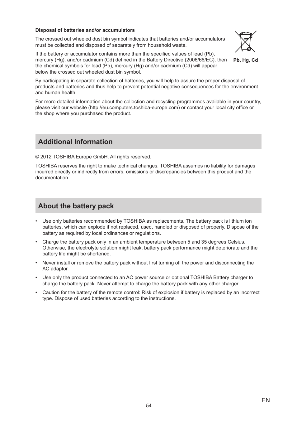 Additional information, About the battery pack, Additional information about the battery pack | Toshiba Camileo X400 User Manual | Page 54 / 55