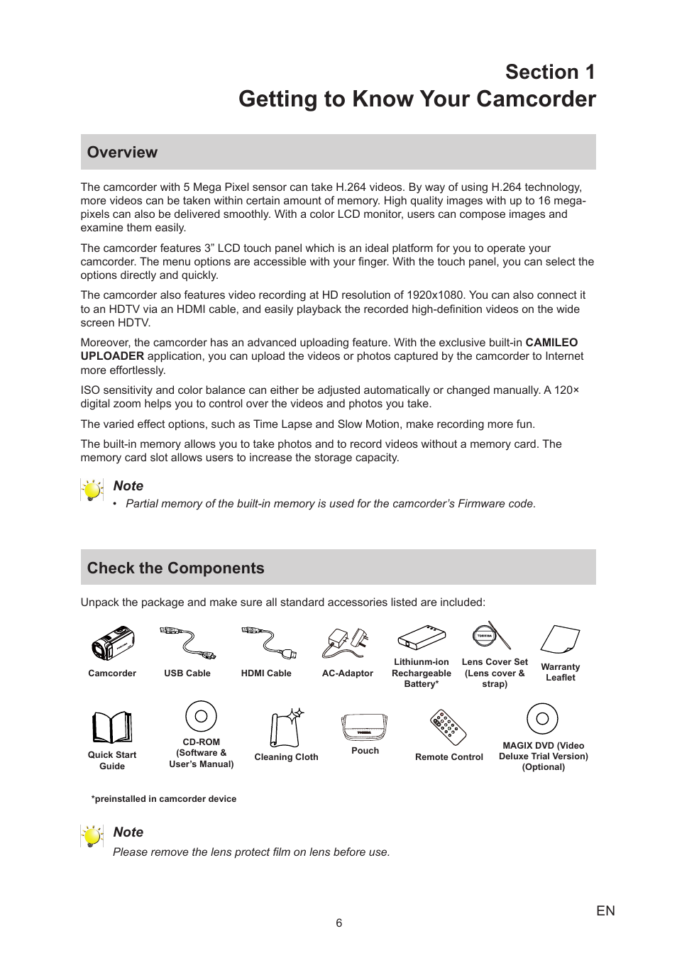 Section 1 getting to know your camcorder, Overview, Check the components | Overview check the components, Getting to know your camcorder | Toshiba Camileo X400 User Manual | Page 6 / 55