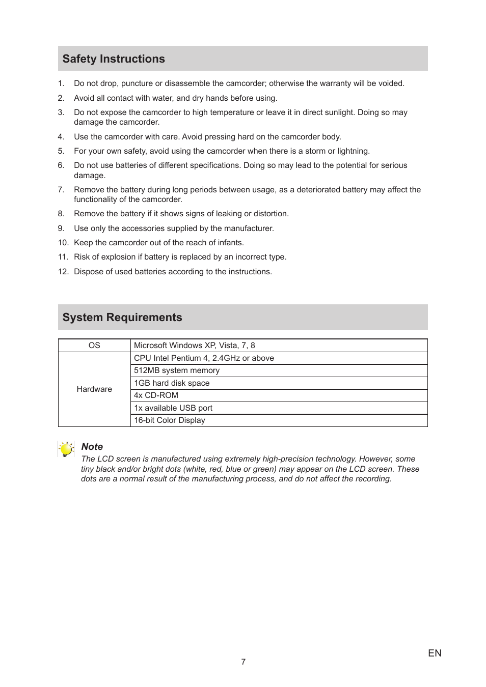 Safety instructions, System requirements, Safety instructions system requirements | Toshiba Camileo X400 User Manual | Page 7 / 55