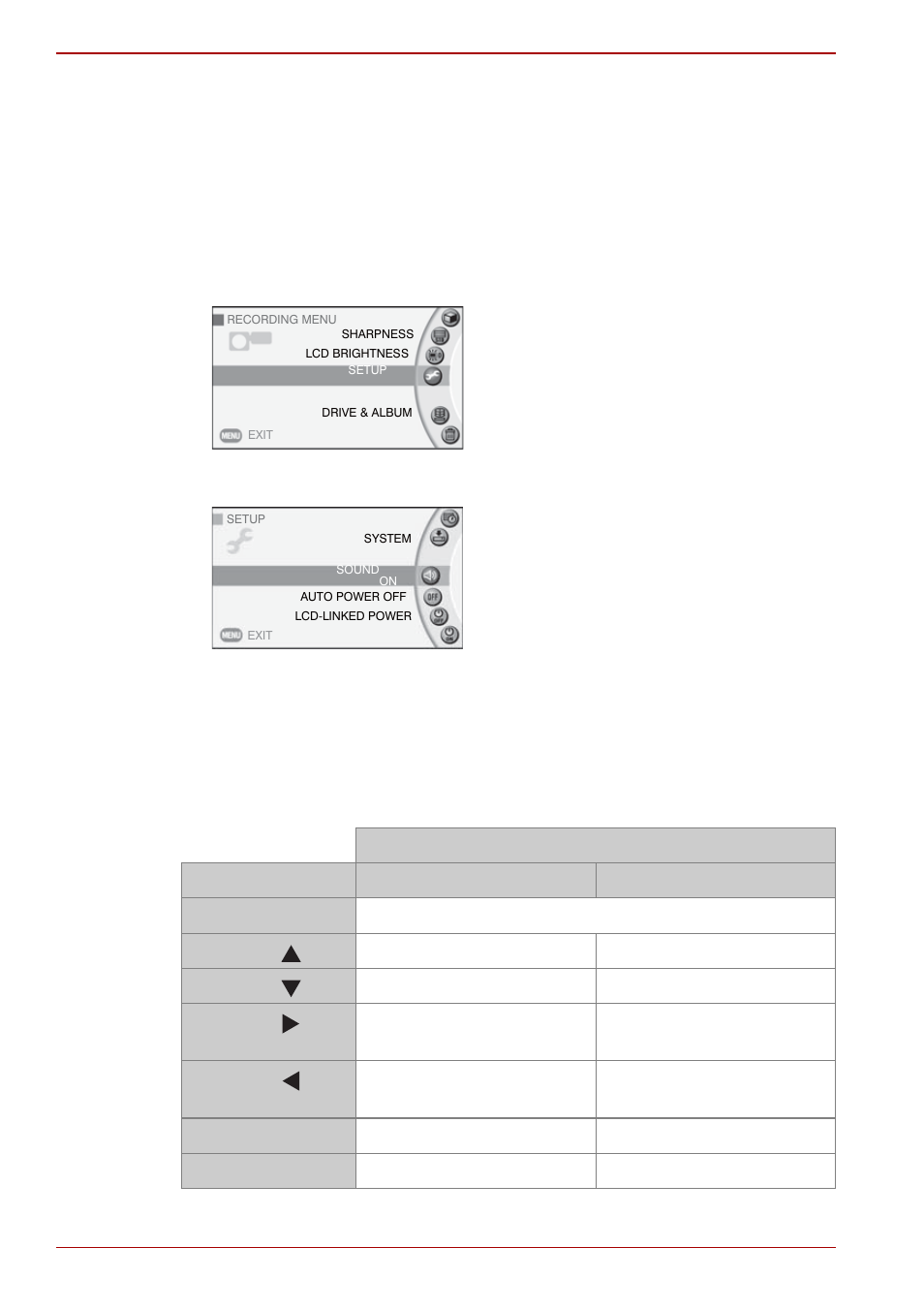 Changing the basic camera settings, Button operations during setup menu setting | Toshiba Gigashot K Series User Manual | Page 116 / 162