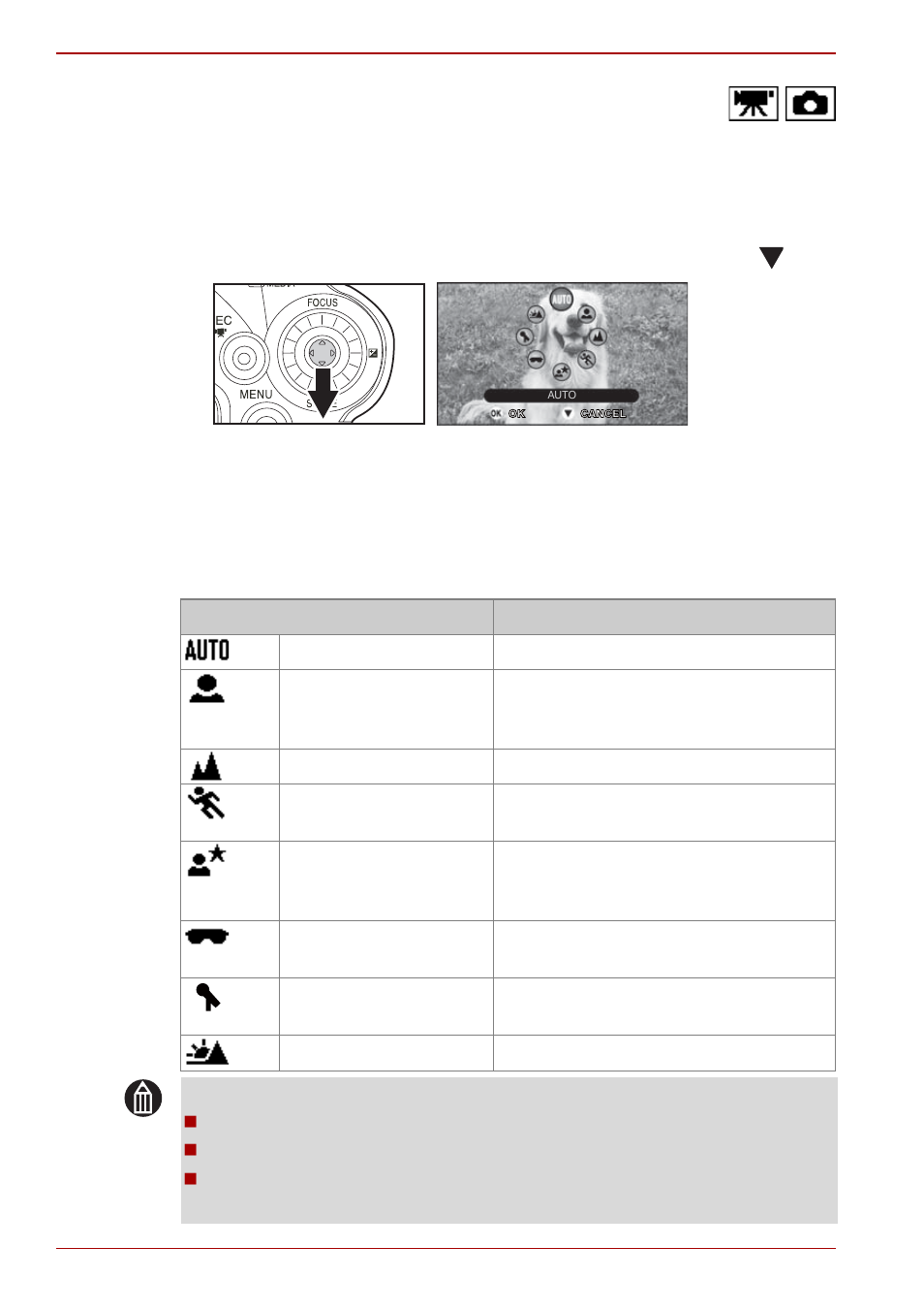 Setting the scene, Scene settings | Toshiba Gigashot K Series User Manual | Page 58 / 162