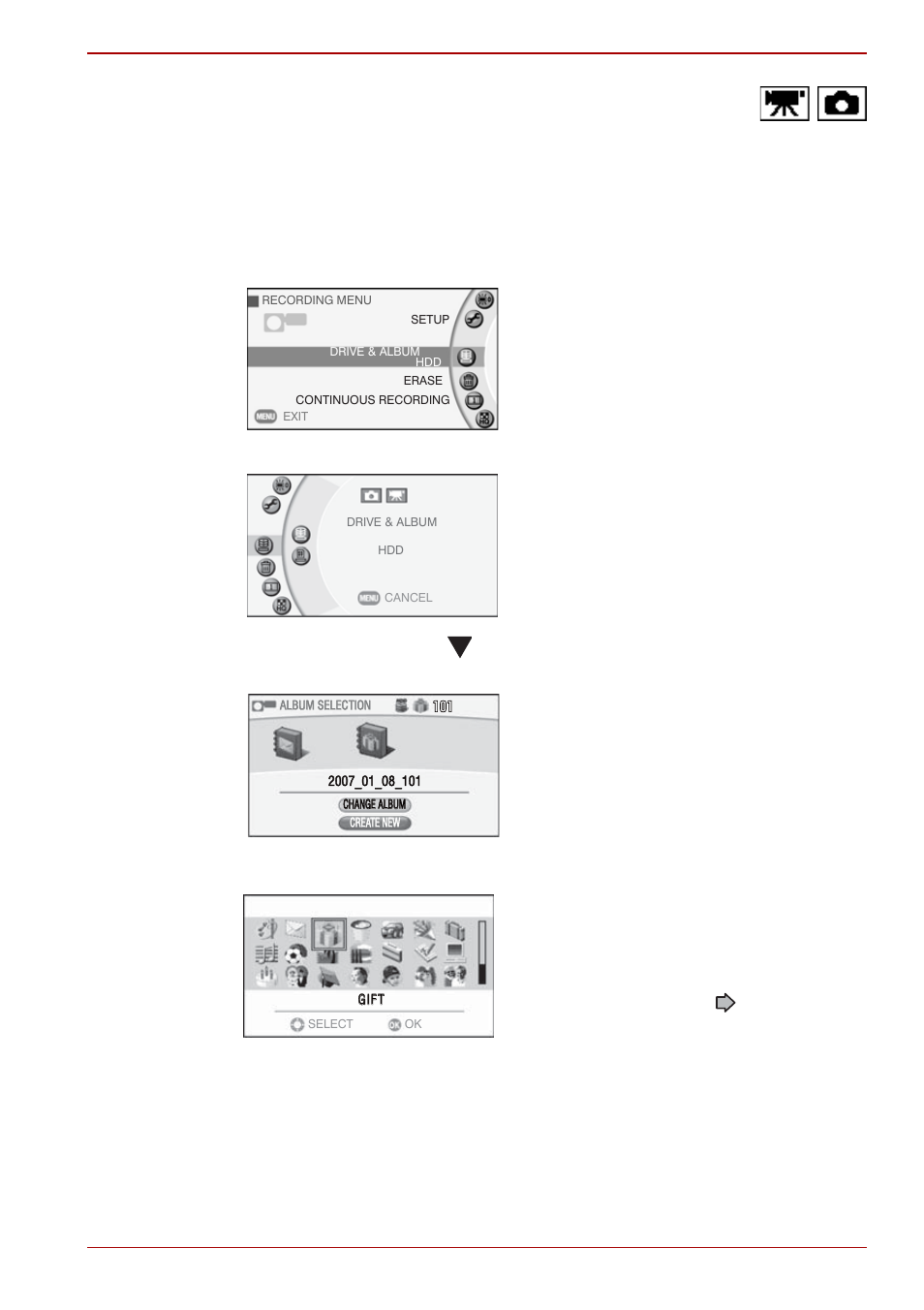 Creating and selecting albums, Creating albums on the hard disk drive | Toshiba Gigashot K Series User Manual | Page 69 / 162
