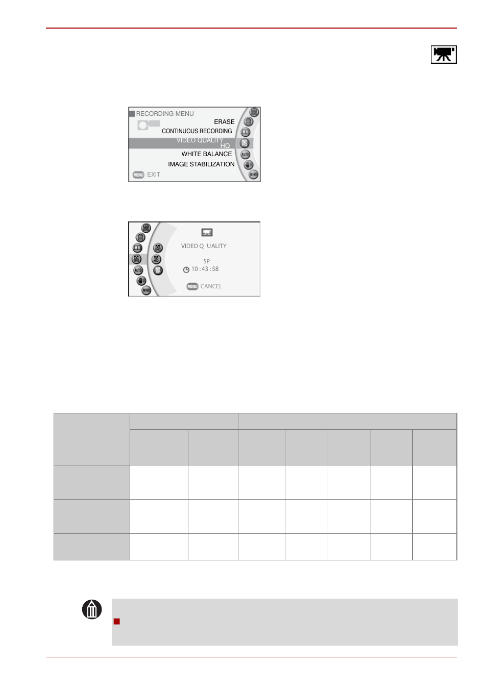 Setting the video quality, Approximate video recording times | Toshiba Gigashot K Series User Manual | Page 73 / 162