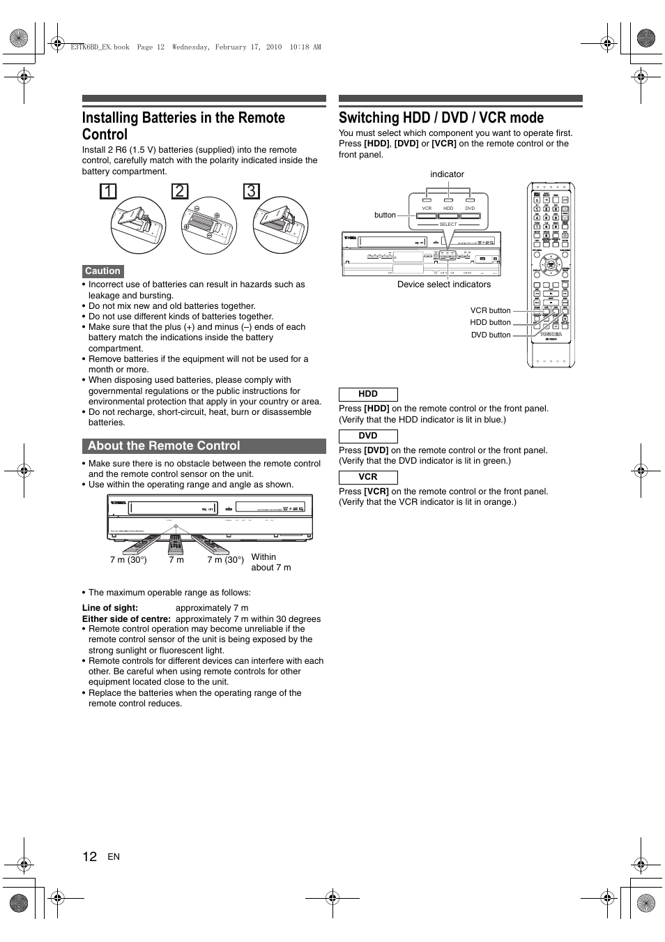 Installing batteries in the remote control, Switching hdd / dvd / vcr mode, About the remote control | Toshiba RDXV60 User Manual | Page 12 / 84