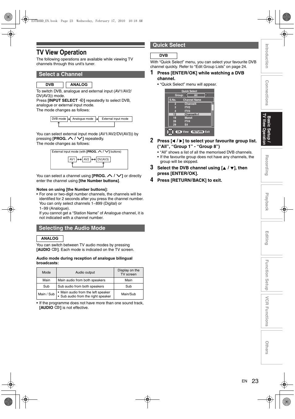 Tv view operation, Select a channel, Selecting the audio mode | Quick select | Toshiba RDXV60 User Manual | Page 23 / 84