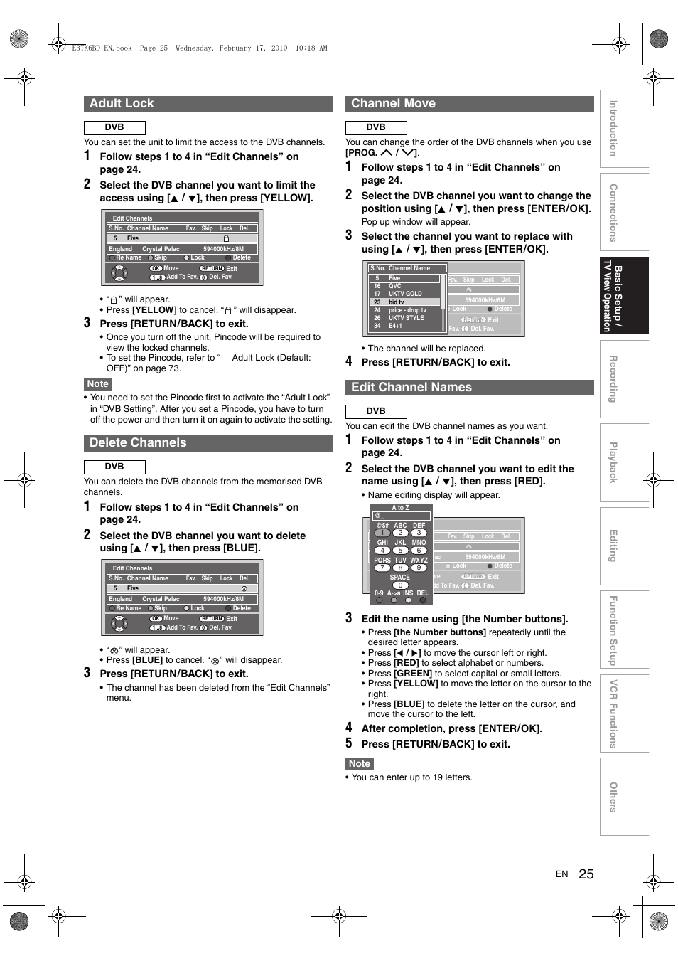 Adult lock, Delete channels, Channel move | Edit channel names | Toshiba RDXV60 User Manual | Page 25 / 84