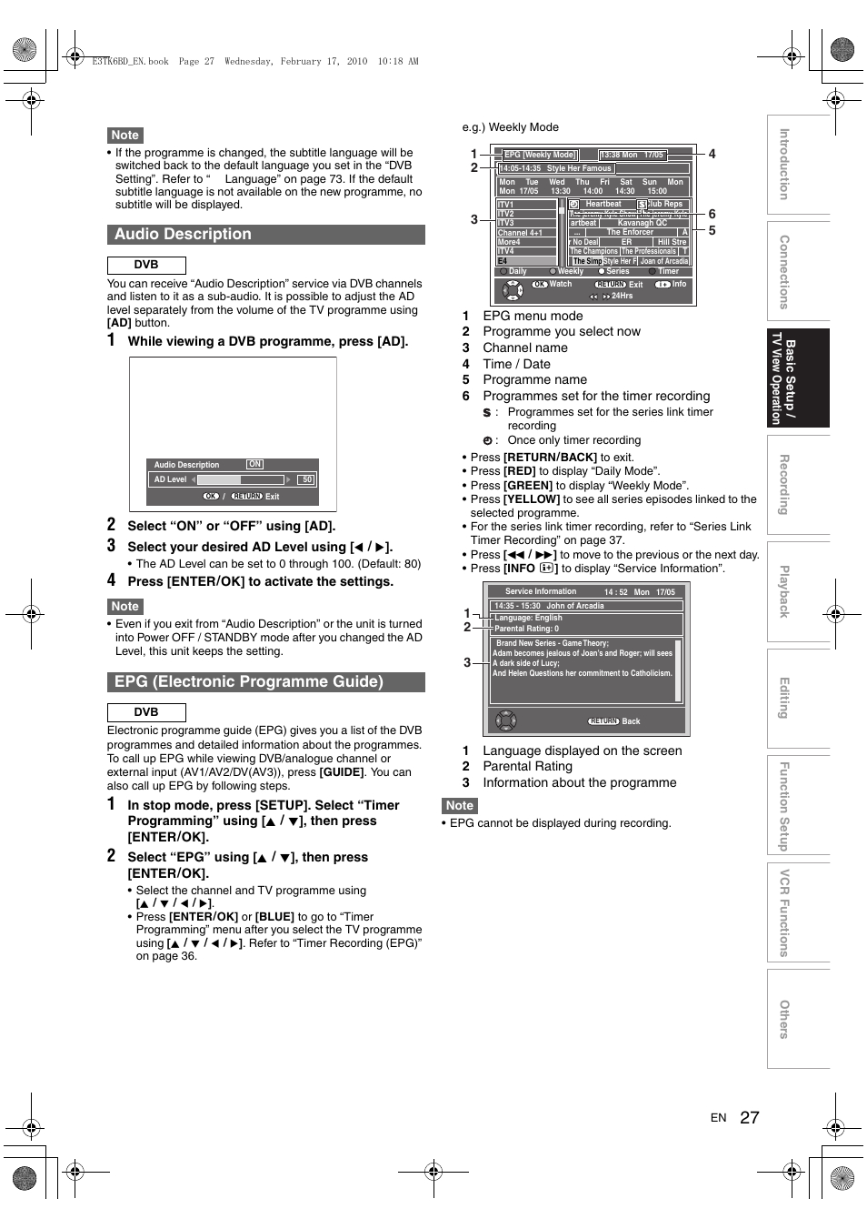 Audio description, Epg (electronic programme guide) | Toshiba RDXV60 User Manual | Page 27 / 84