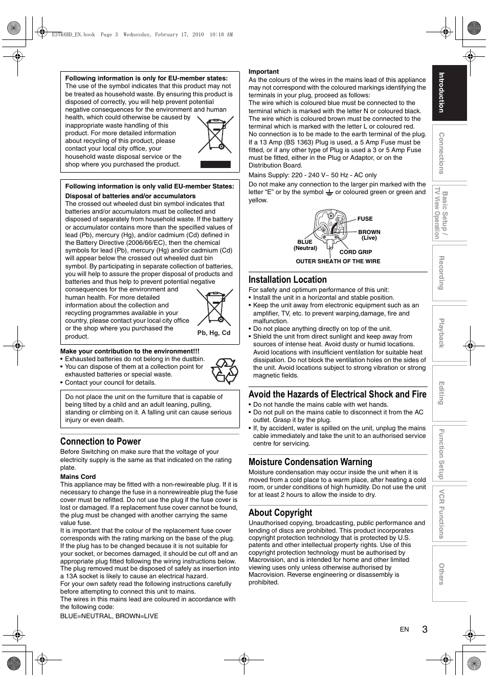 Connection to power, Installation location, Avoid the hazards of electrical shock and fire | Moisture condensation warning, About copyright | Toshiba RDXV60 User Manual | Page 3 / 84