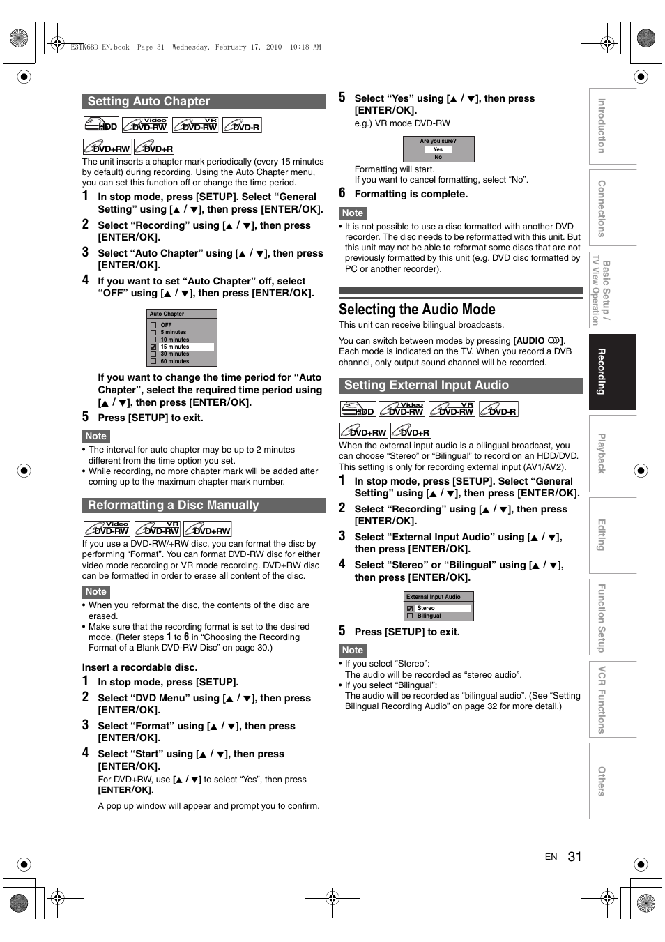 Selecting the audio mode, Setting auto chapter reformatting a disc manually, Setting external input audio | Toshiba RDXV60 User Manual | Page 31 / 84