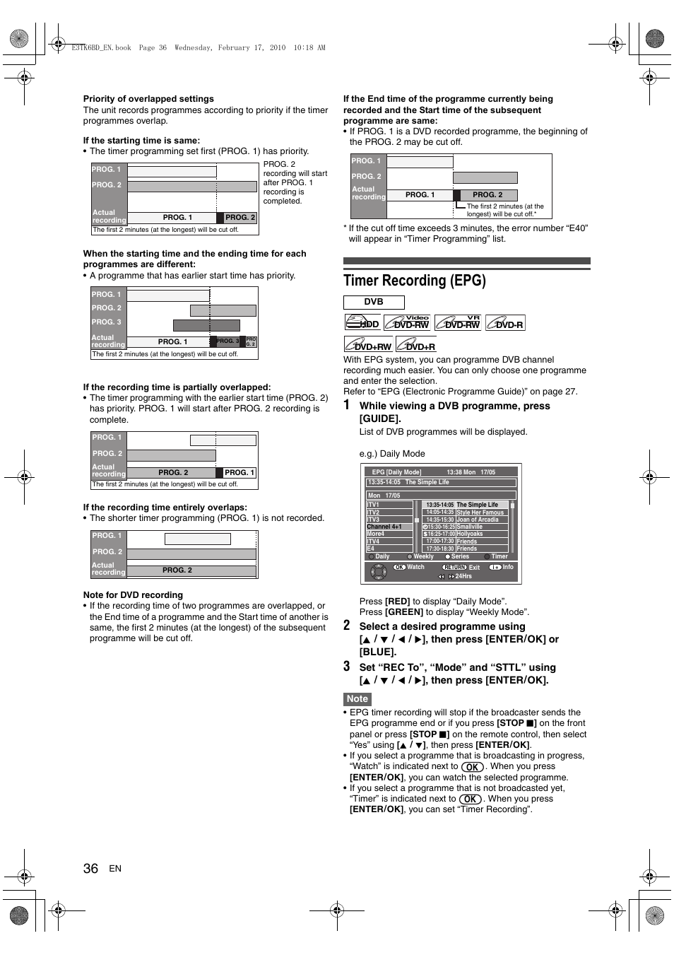 Timer recording (epg) | Toshiba RDXV60 User Manual | Page 36 / 84