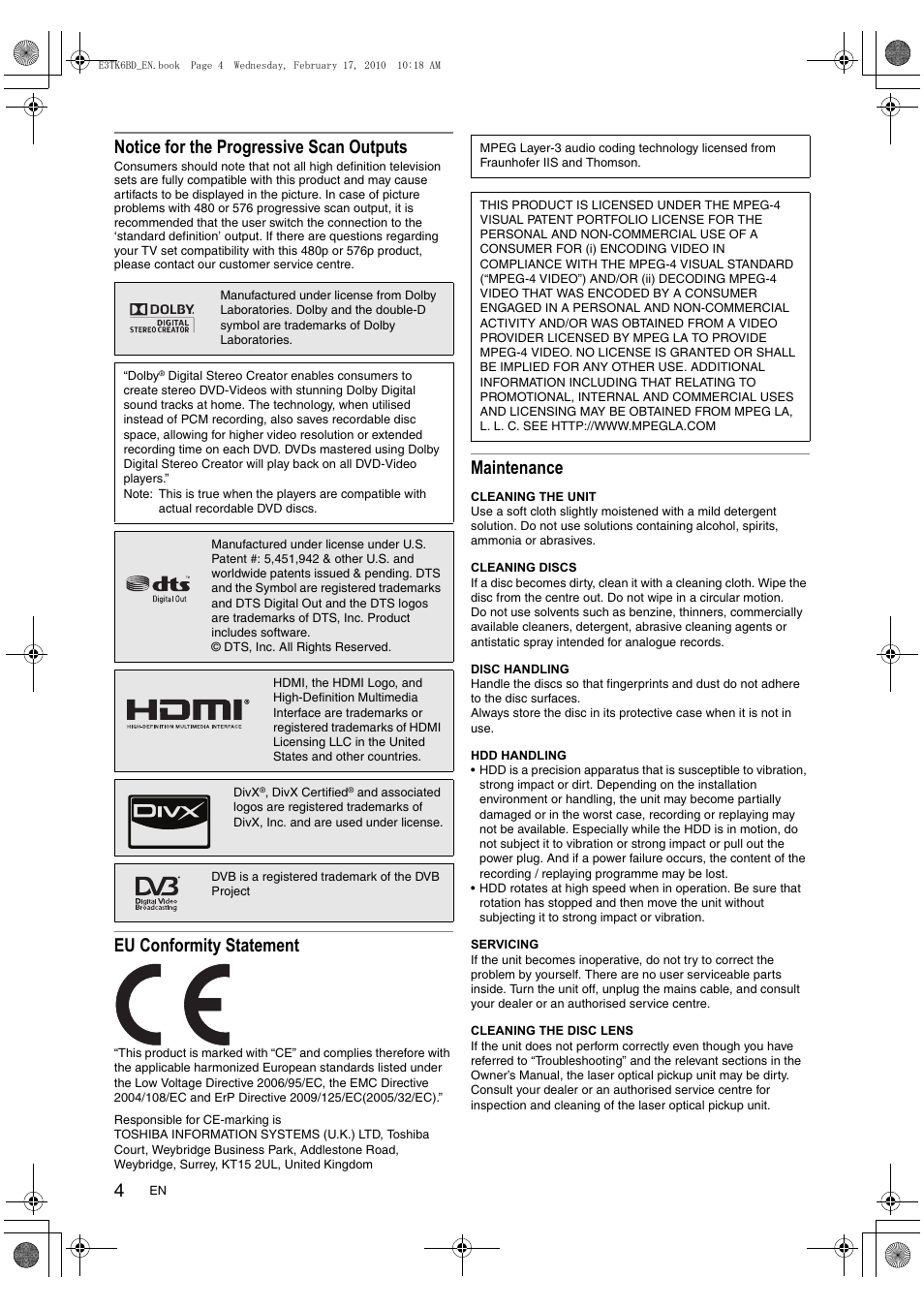 Notice for the progressive scan outputs, Eu conformity statement, Maintenance | Toshiba RDXV60 User Manual | Page 4 / 84