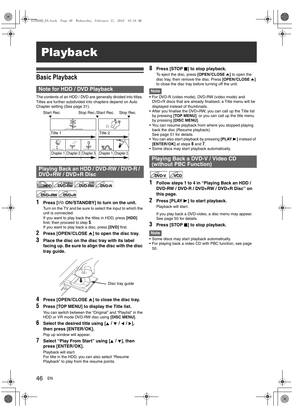 Playback, Basic playback | Toshiba RDXV60 User Manual | Page 46 / 84