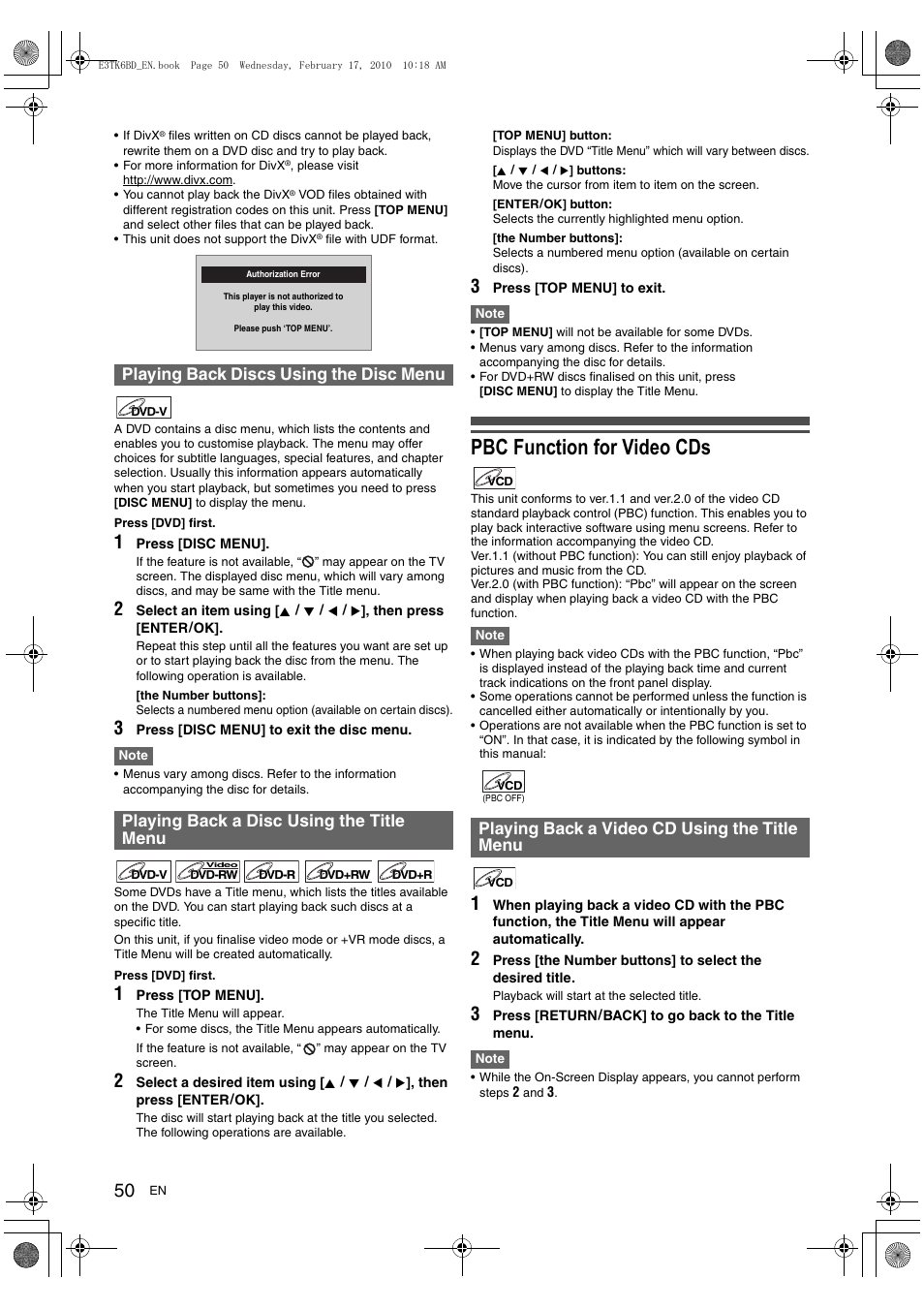 Pbc function for video cds, Playing back a video cd using the title menu | Toshiba RDXV60 User Manual | Page 50 / 84