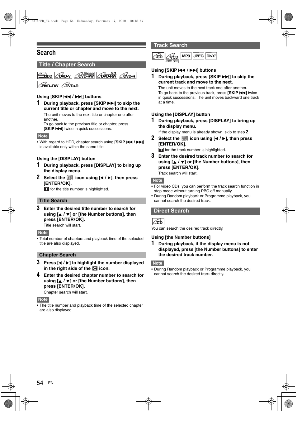 Search, Title / chapter search, Track search direct search | Toshiba RDXV60 User Manual | Page 54 / 84