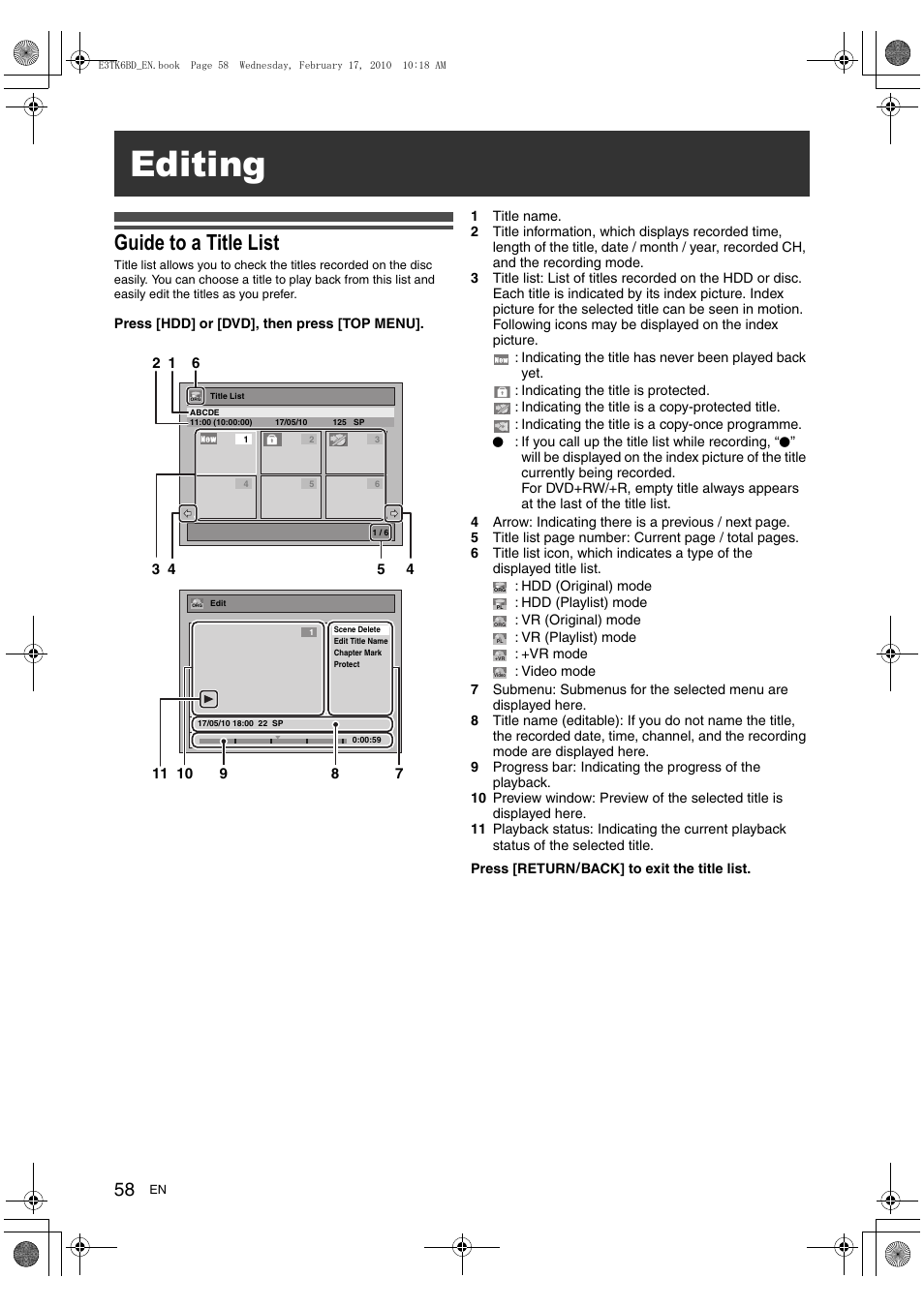 Editing, Guide to a title list | Toshiba RDXV60 User Manual | Page 58 / 84