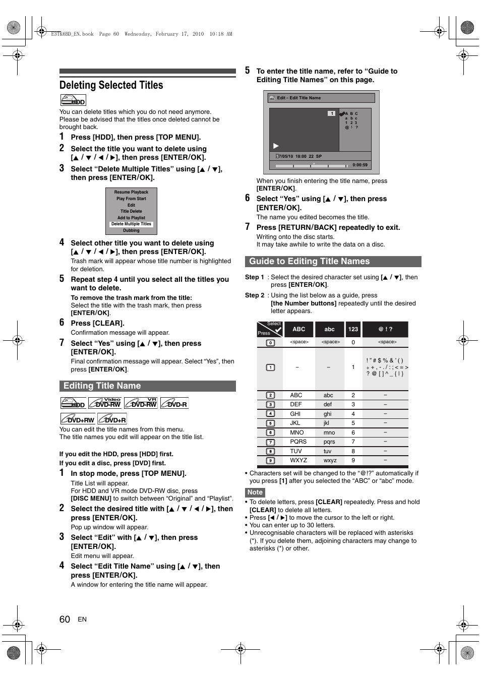 Deleting selected titles, Editing title name, Guide to editing title names | Toshiba RDXV60 User Manual | Page 60 / 84