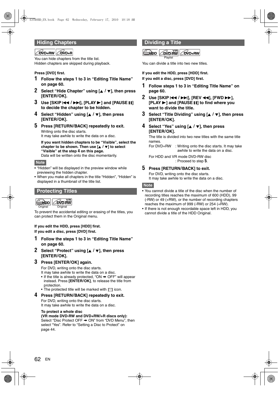 Hiding chapters protecting titles, Dividing a title | Toshiba RDXV60 User Manual | Page 62 / 84