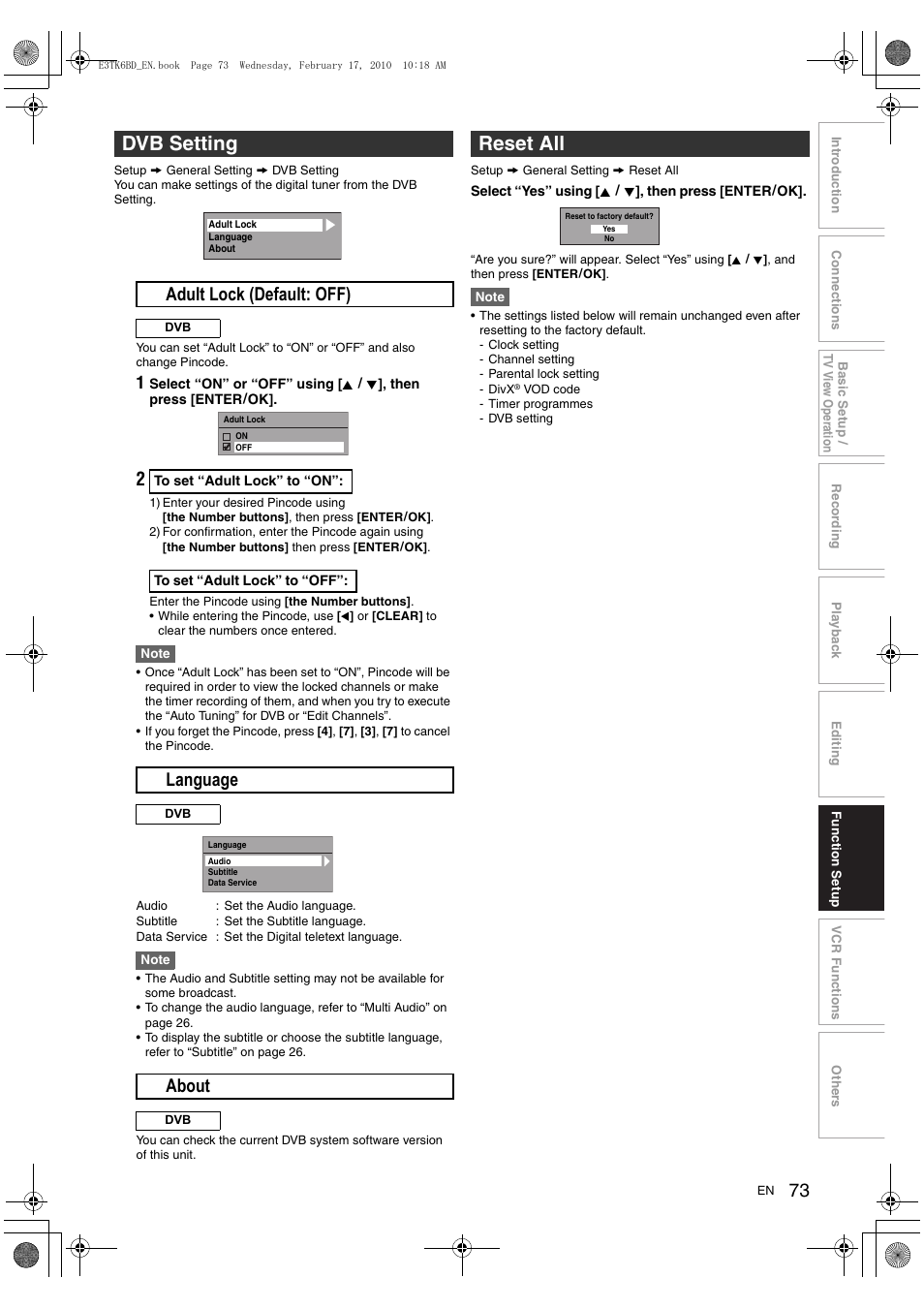 Dvb setting, Reset all, A adult lock (default: off) | B language, C about | Toshiba RDXV60 User Manual | Page 73 / 84