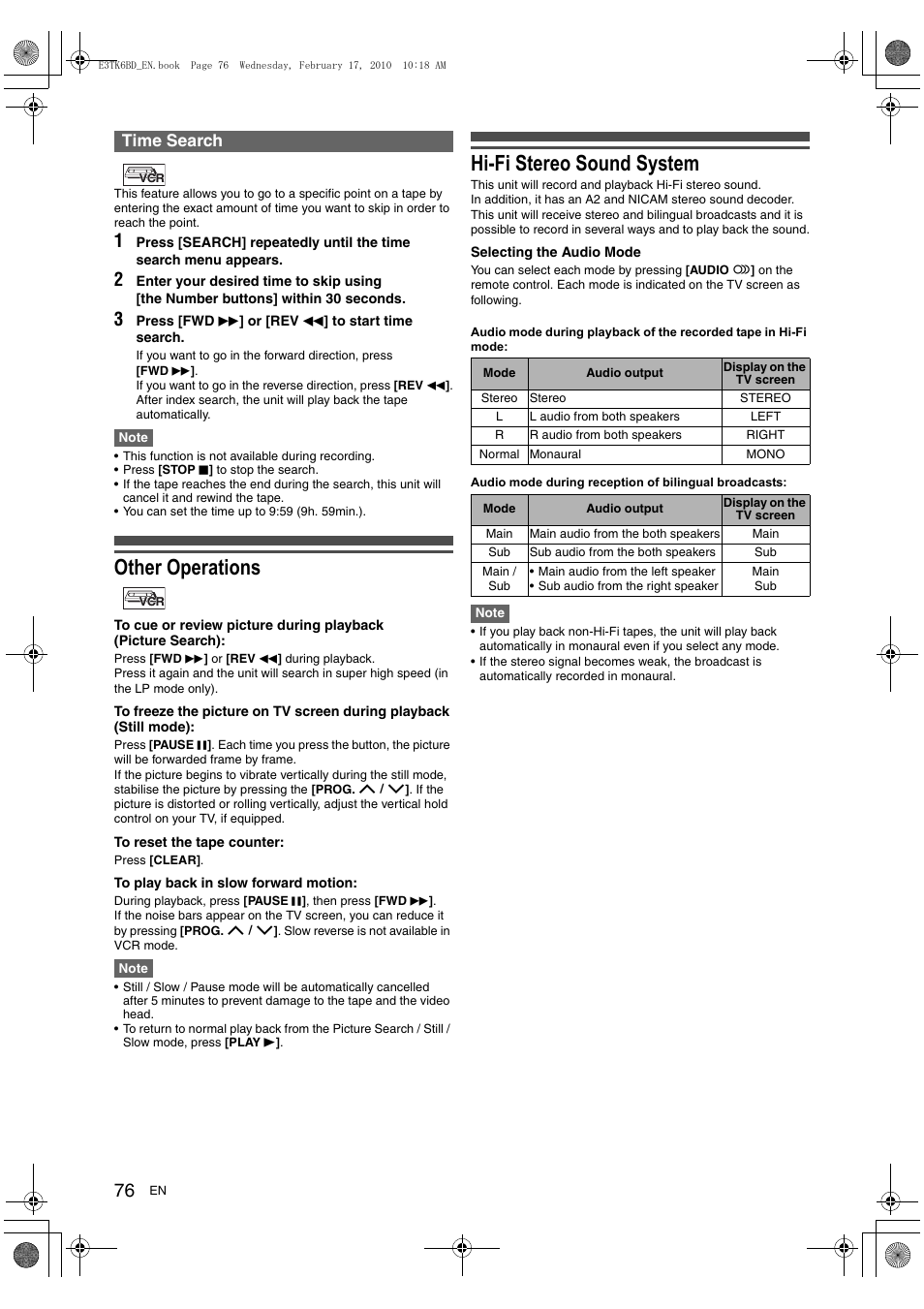 Other operations, Hi-fi stereo sound system, Time search | Toshiba RDXV60 User Manual | Page 76 / 84