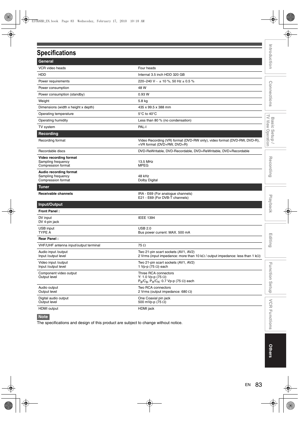 Specifications | Toshiba RDXV60 User Manual | Page 83 / 84