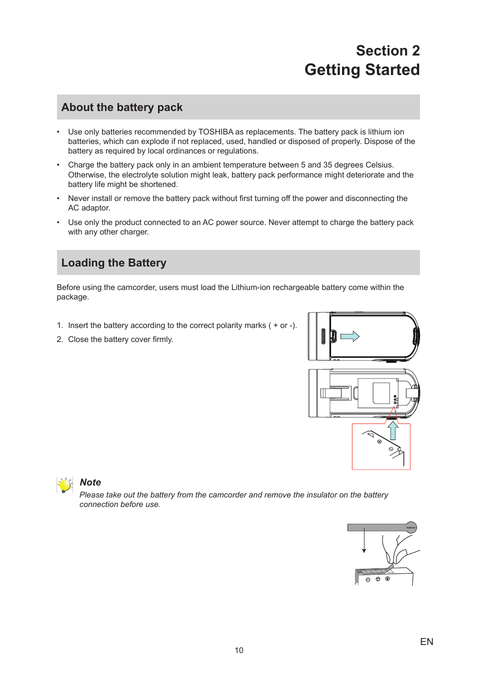 Section 2 getting started, About the battery pack, Loading the battery | About the battery pack loading the battery, Getting started | Toshiba Camileo X450 User Manual | Page 10 / 47