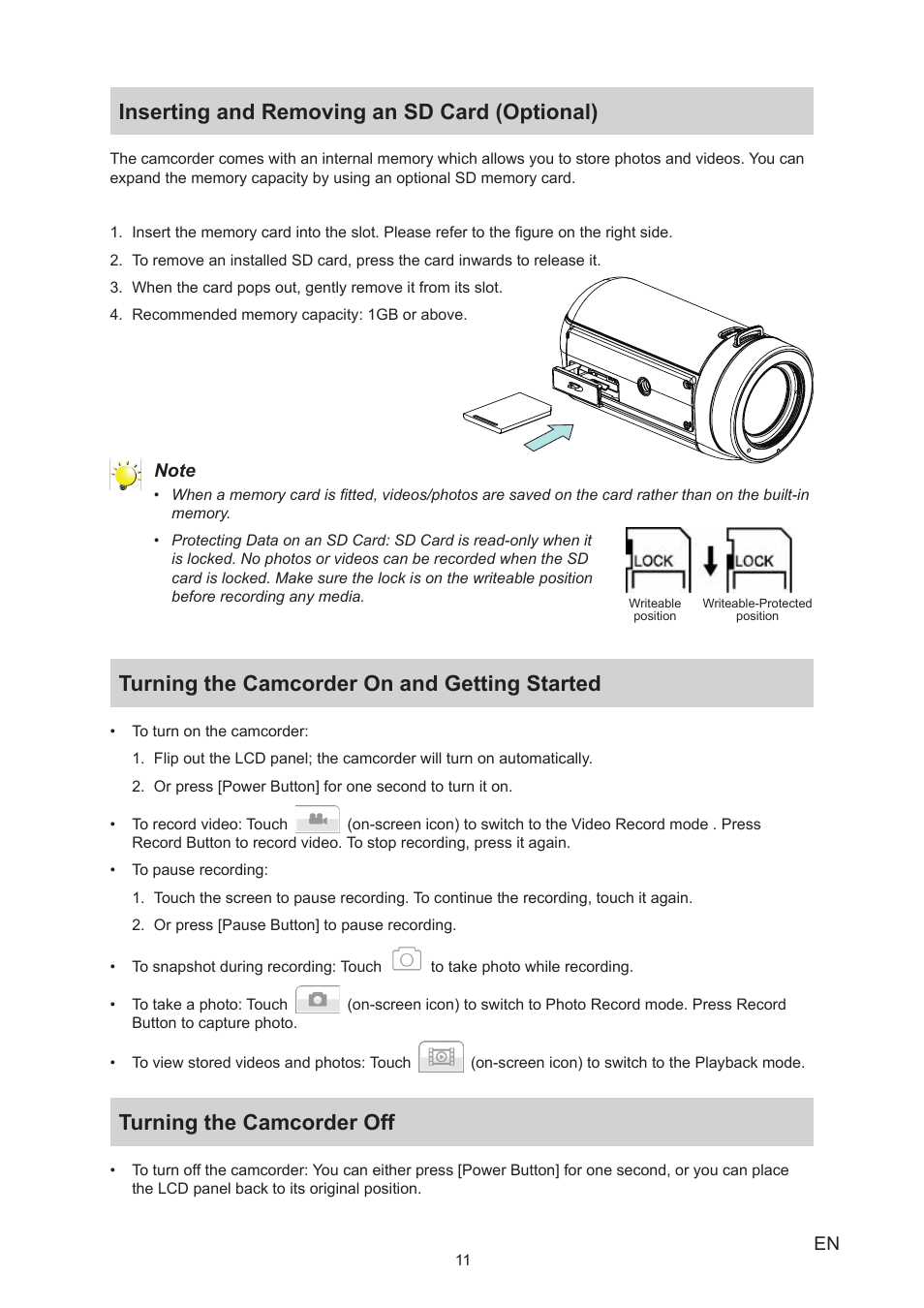 Inserting and removing an sd card (optional), Turning the camcorder on and getting started, Turning the camcorder off | Toshiba Camileo X450 User Manual | Page 11 / 47