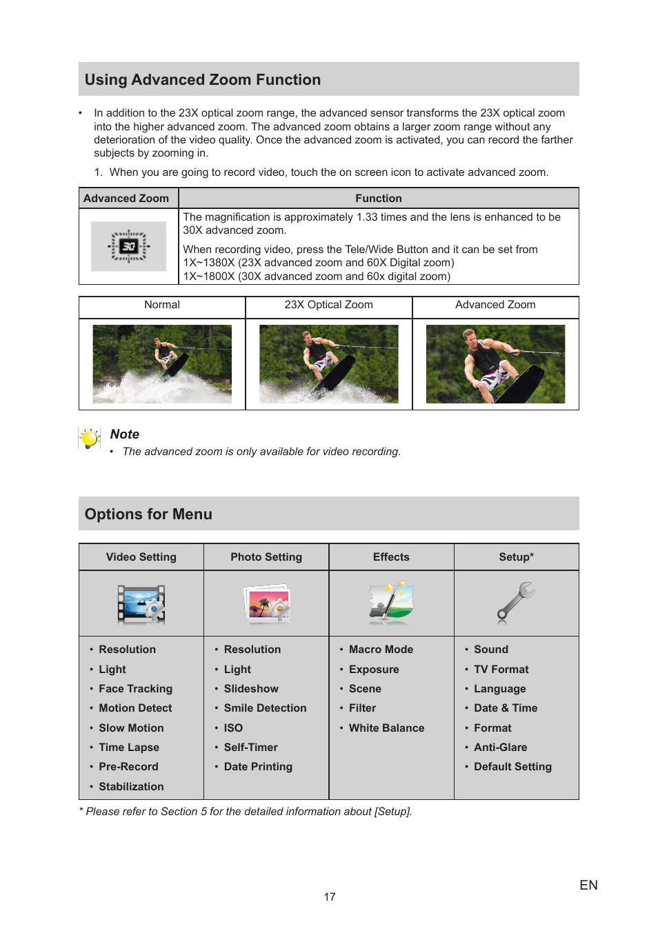 Using advanced zoom function, Options for menu, Using advanced zoom function options for menu | Toshiba Camileo X450 User Manual | Page 17 / 47