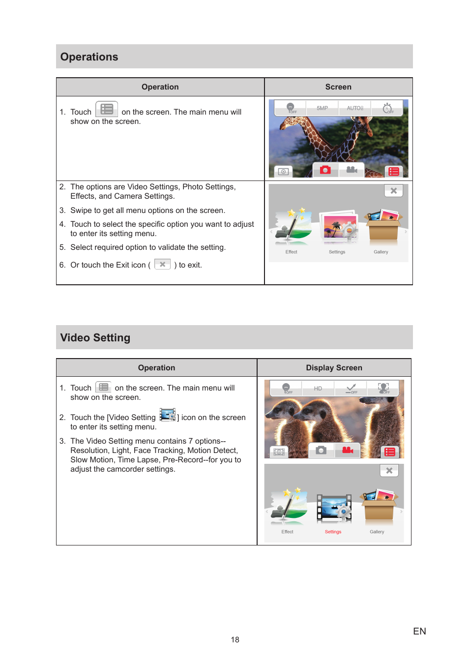 Operations, Video setting, Operations video setting | Toshiba Camileo X450 User Manual | Page 18 / 47