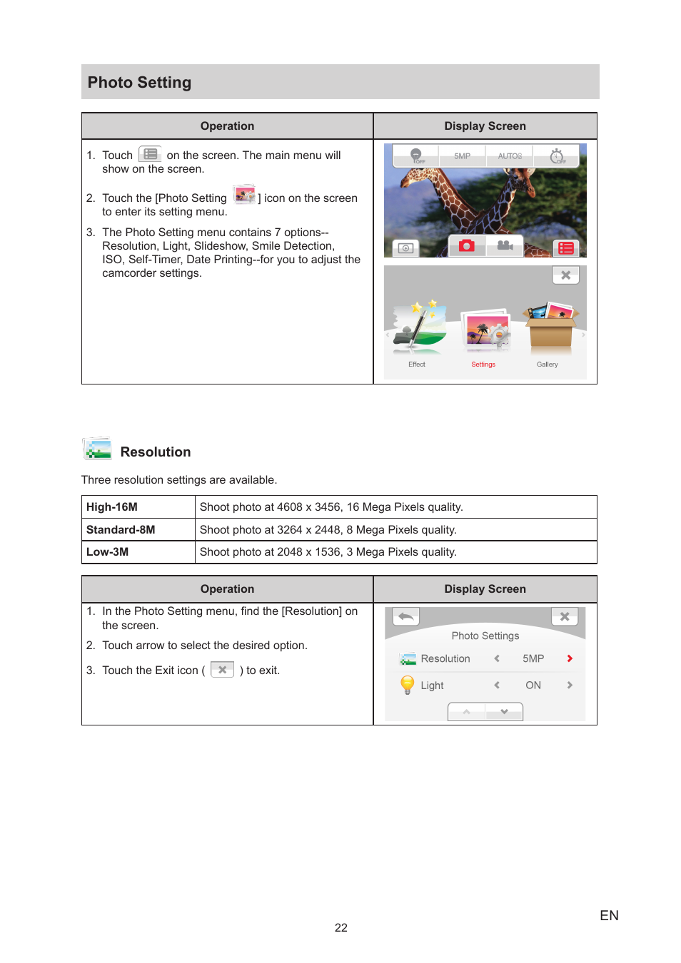 Photo setting | Toshiba Camileo X450 User Manual | Page 22 / 47