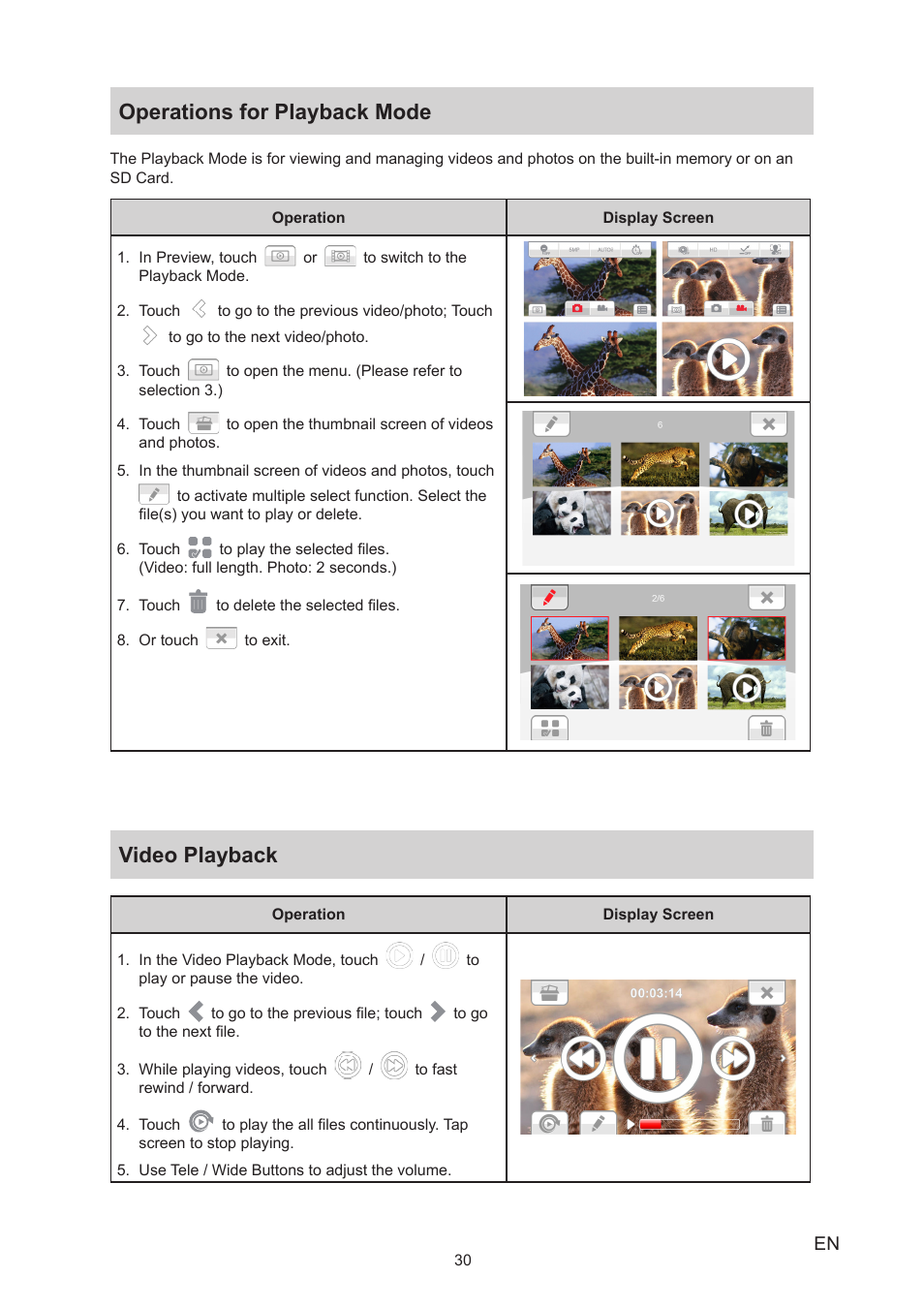Operations for playback mode, Video playback, Operations for playback mode video playback | Toshiba Camileo X450 User Manual | Page 30 / 47