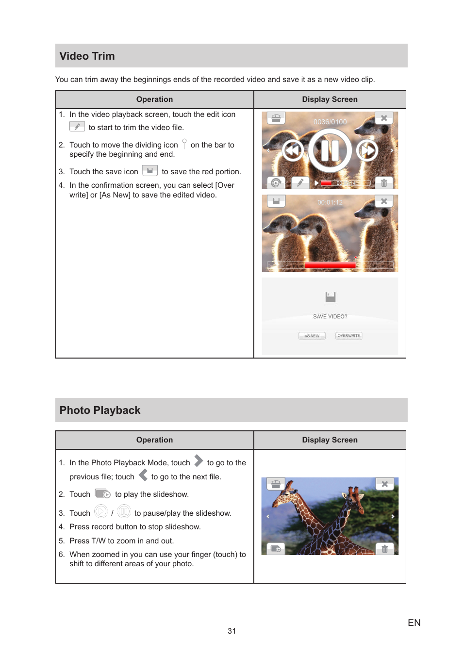 Video trim, Photo playback, Video trim photo playback | Toshiba Camileo X450 User Manual | Page 31 / 47