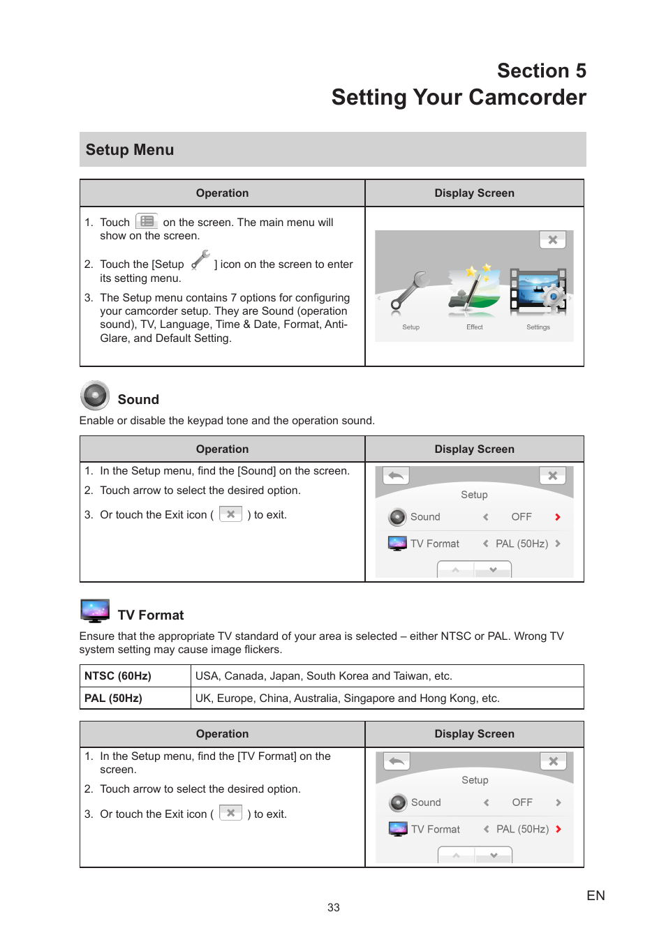 Section 5 setting your camcorder, Setup menu, Setting your camcorder | Toshiba Camileo X450 User Manual | Page 33 / 47