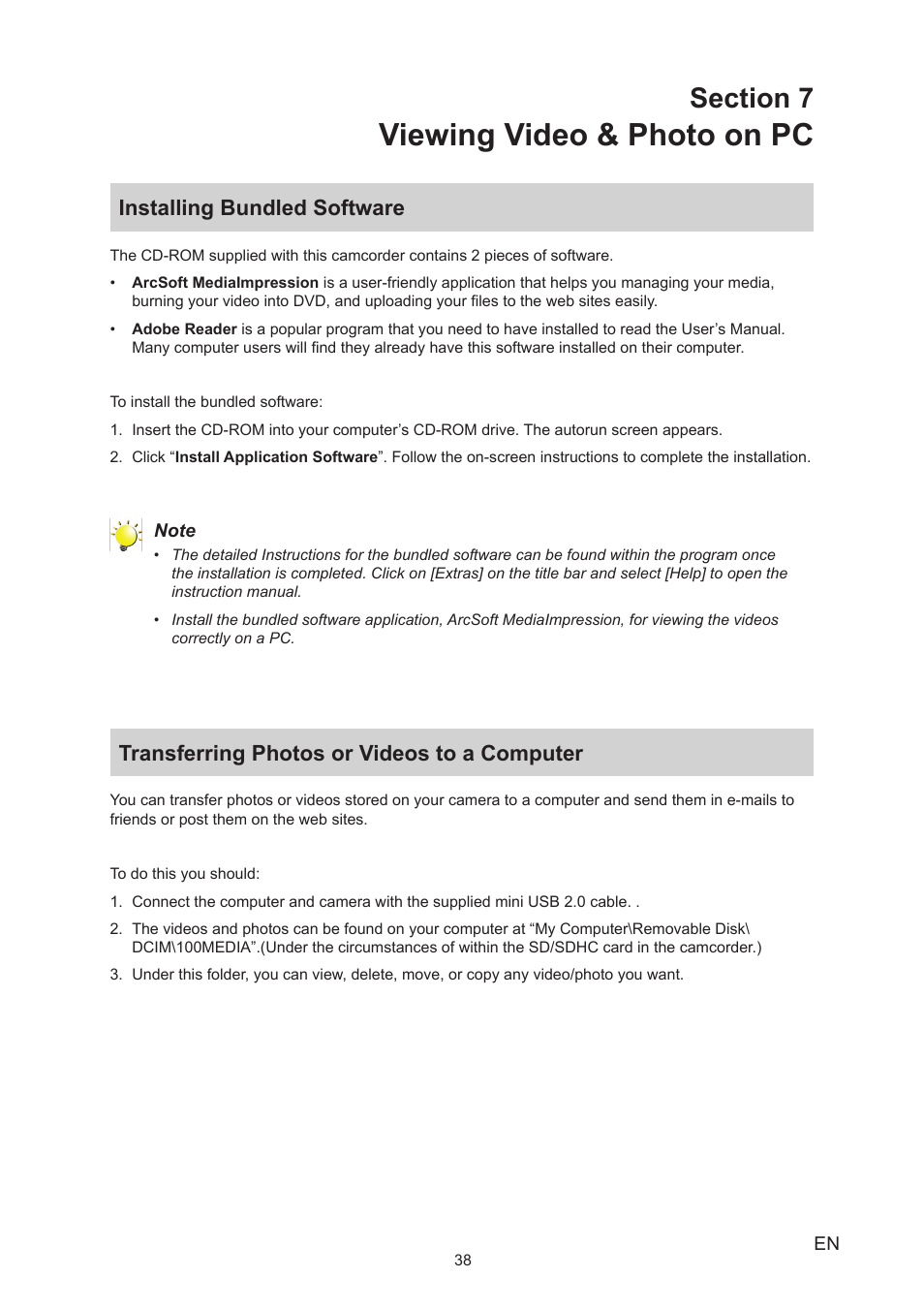 Section 7 viewing video & photo on pc, Installing bundled software, Transferring photos or videos to a computer | Viewing video & photo on pc | Toshiba Camileo X450 User Manual | Page 38 / 47