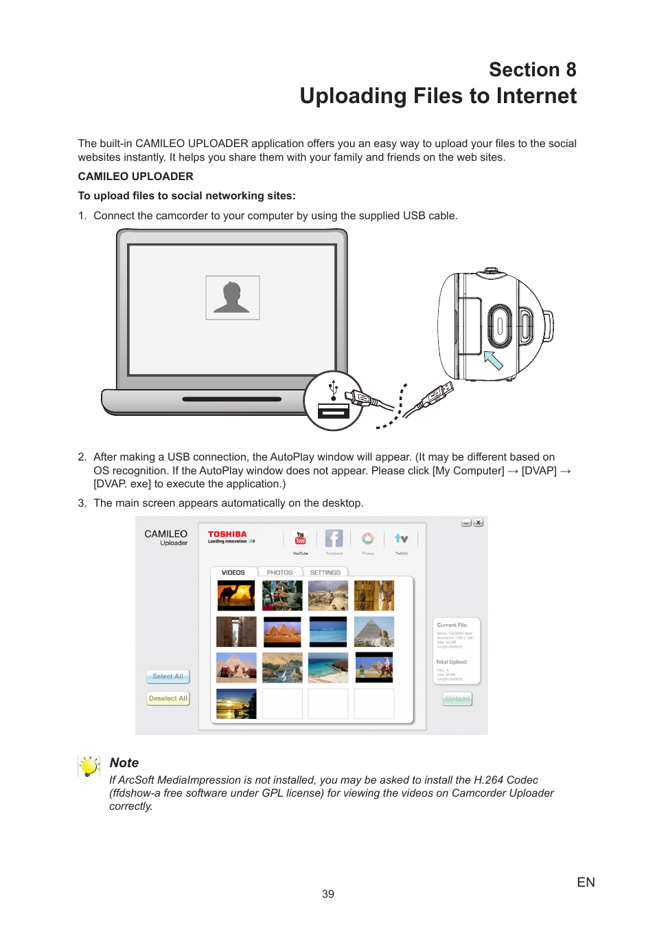 Section 8 uploading files to internet, Uploading files to internet | Toshiba Camileo X450 User Manual | Page 39 / 47