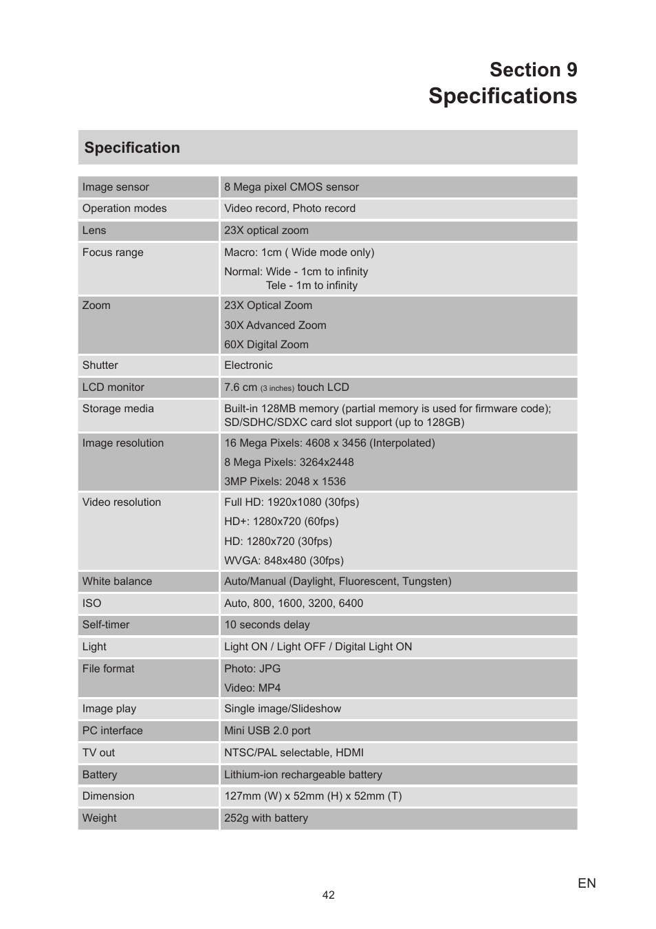 Section 9 specifications, Specifications, Specification | Toshiba Camileo X450 User Manual | Page 42 / 47