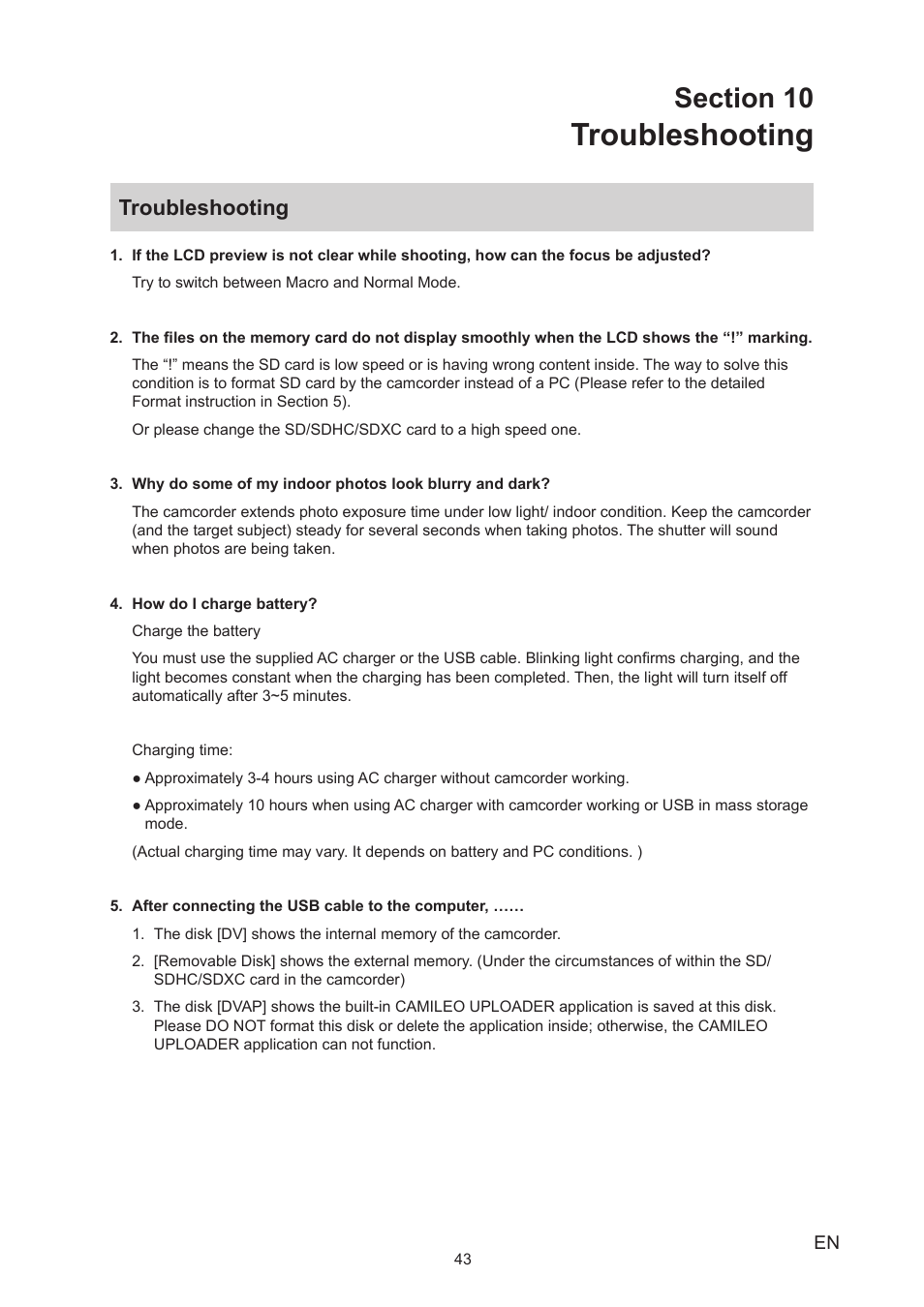 Section 10 troubleshooting, Troubleshooting | Toshiba Camileo X450 User Manual | Page 43 / 47