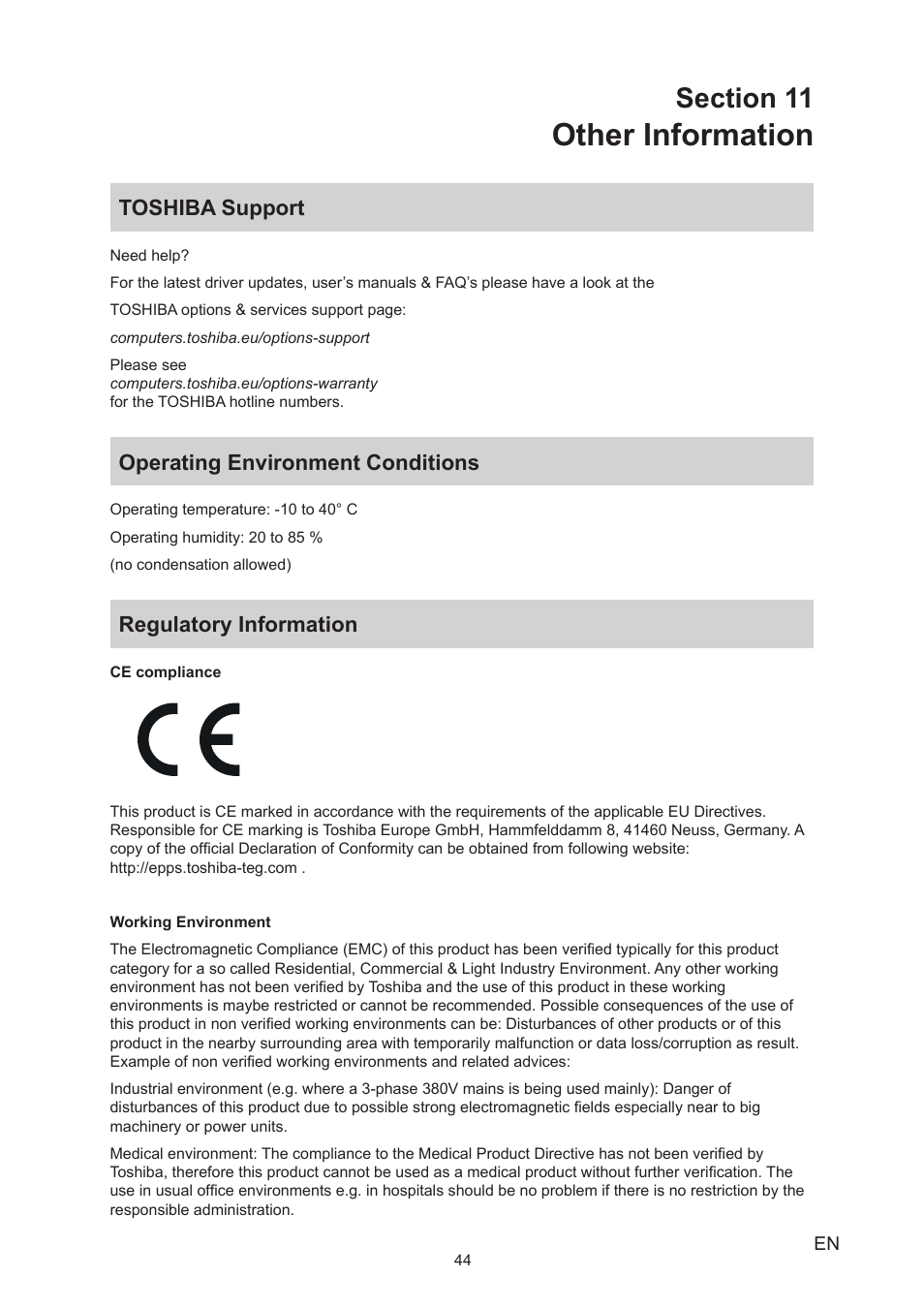 Section 11 other information, Toshiba support, Operating environment conditions | Regulatory information, Other information | Toshiba Camileo X450 User Manual | Page 44 / 47