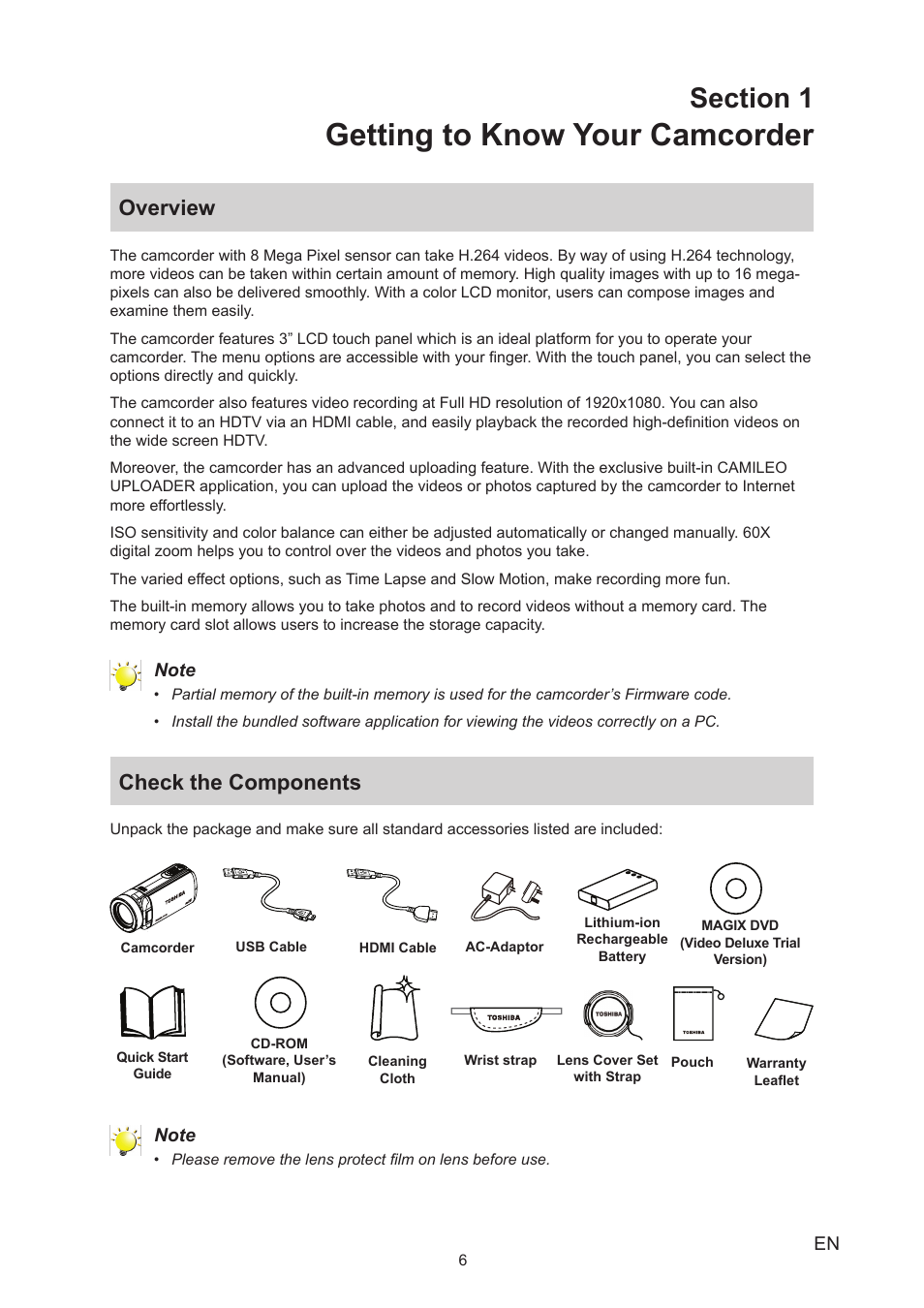 Section 1 getting to know your camcorder, Overview, Check the components | Overview check the components, Getting to know your camcorder | Toshiba Camileo X450 User Manual | Page 6 / 47