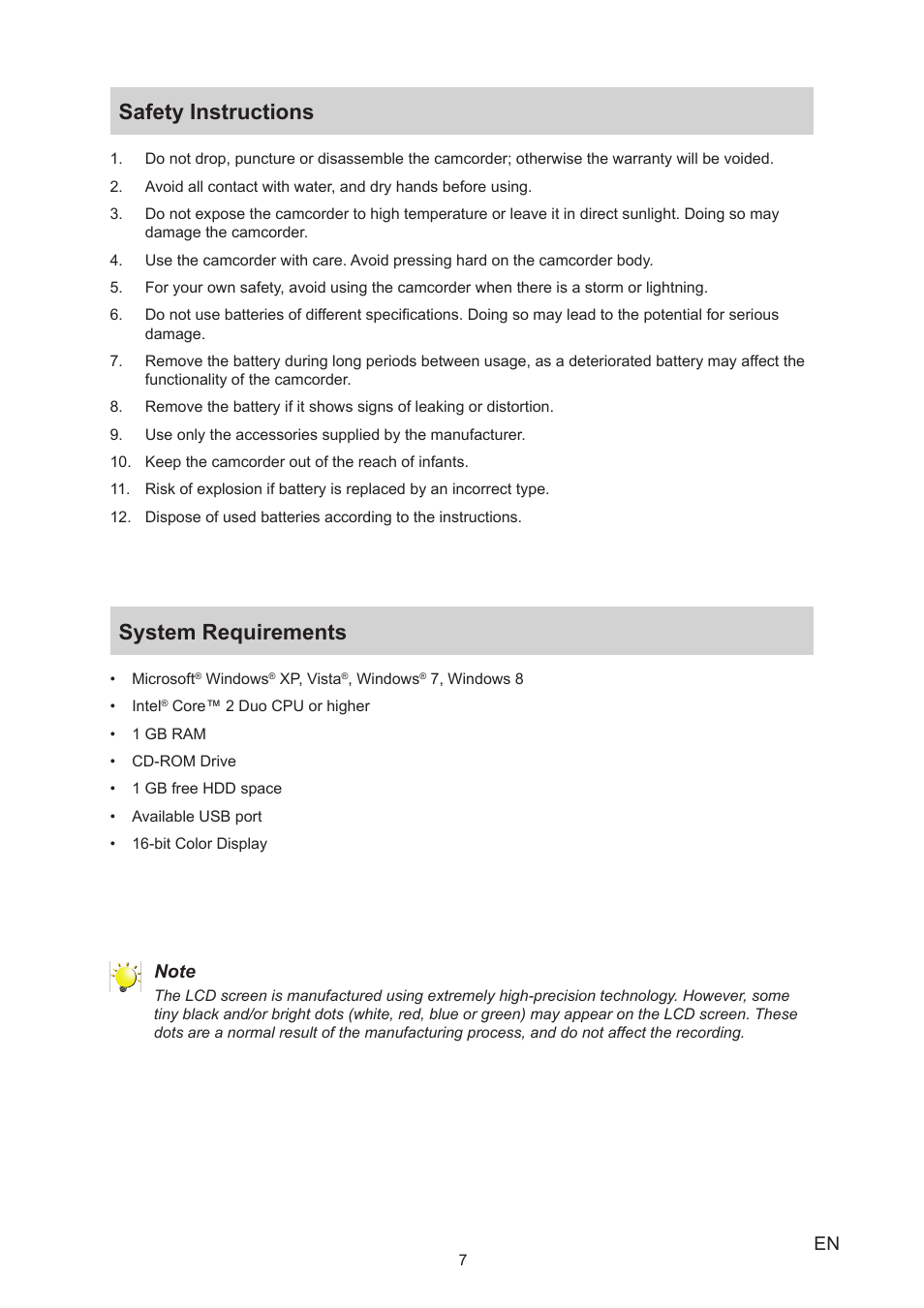 Safety instructions, System requirements, Safety instructions system requirements | Toshiba Camileo X450 User Manual | Page 7 / 47