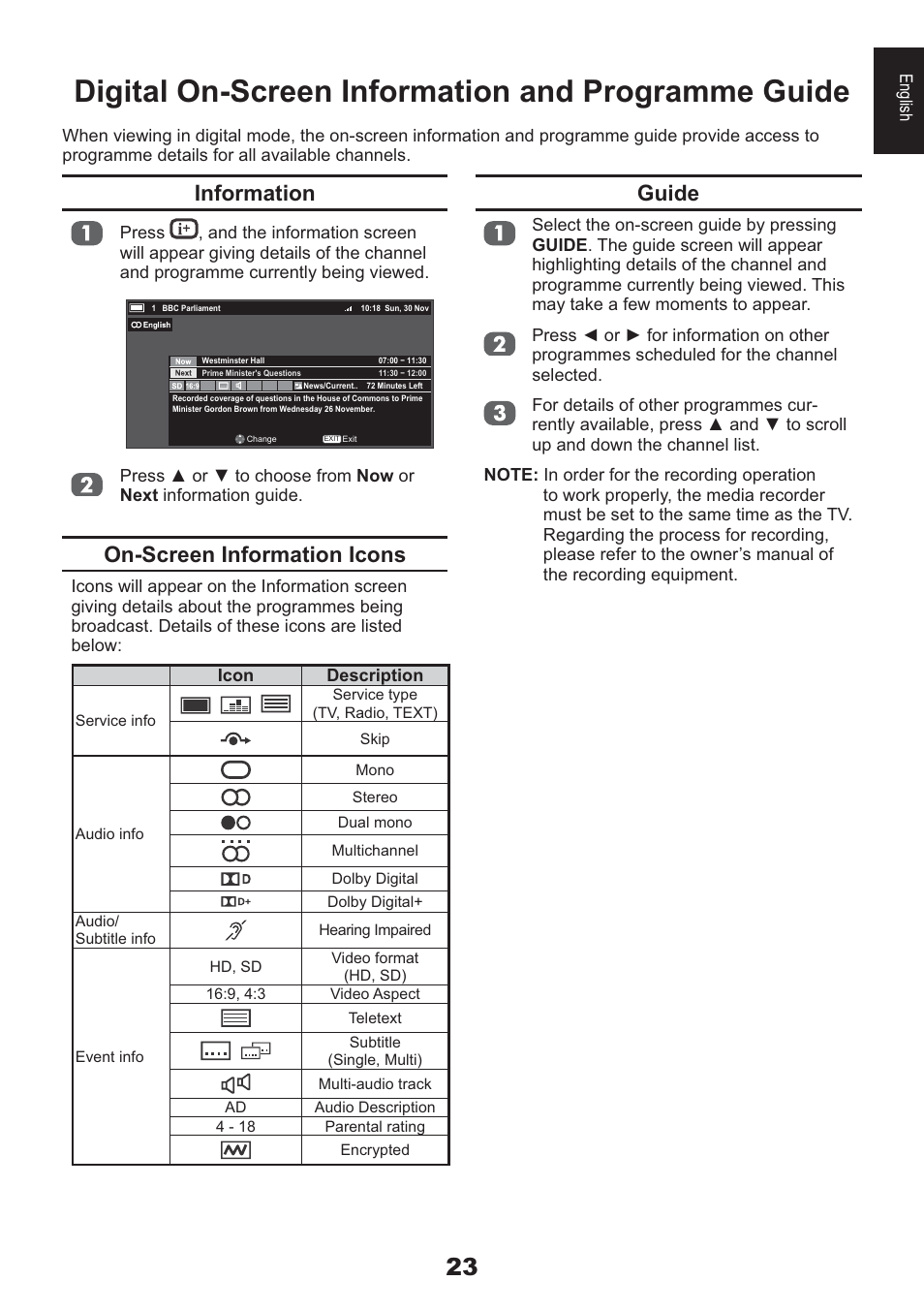 Digital on-screen information and programme guide, Guide, Information | On-screen information icons | Toshiba HL933 User Manual | Page 23 / 72