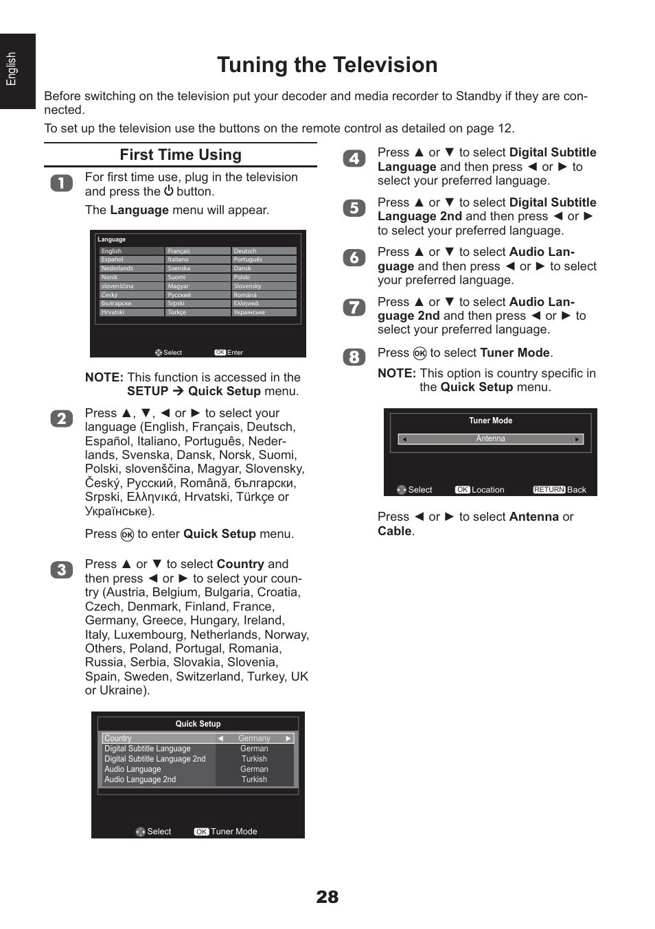 Tuning the television, First time using, 3uhvv ż ru ź wr vhohfw antenna or cable | Toshiba HL933 User Manual | Page 28 / 72