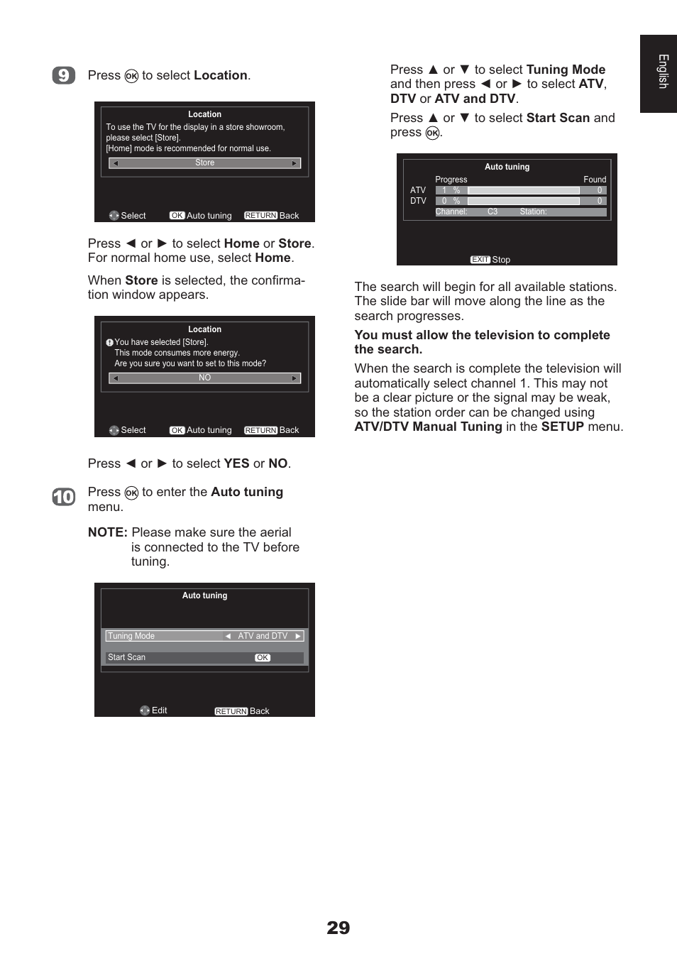 English press to select location | Toshiba HL933 User Manual | Page 29 / 72