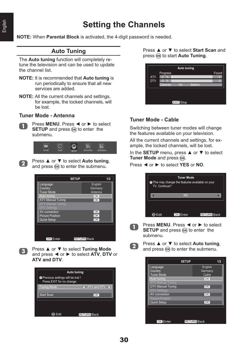 Setting the channels, Auto tuning, Tuner mode - antenna | Tuner mode - cable, English | Toshiba HL933 User Manual | Page 30 / 72