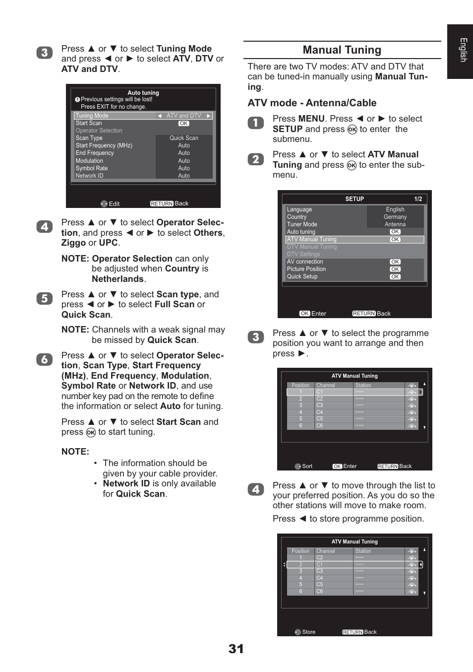 Manual tuning, Atv mode - antenna/cable | Toshiba HL933 User Manual | Page 31 / 72