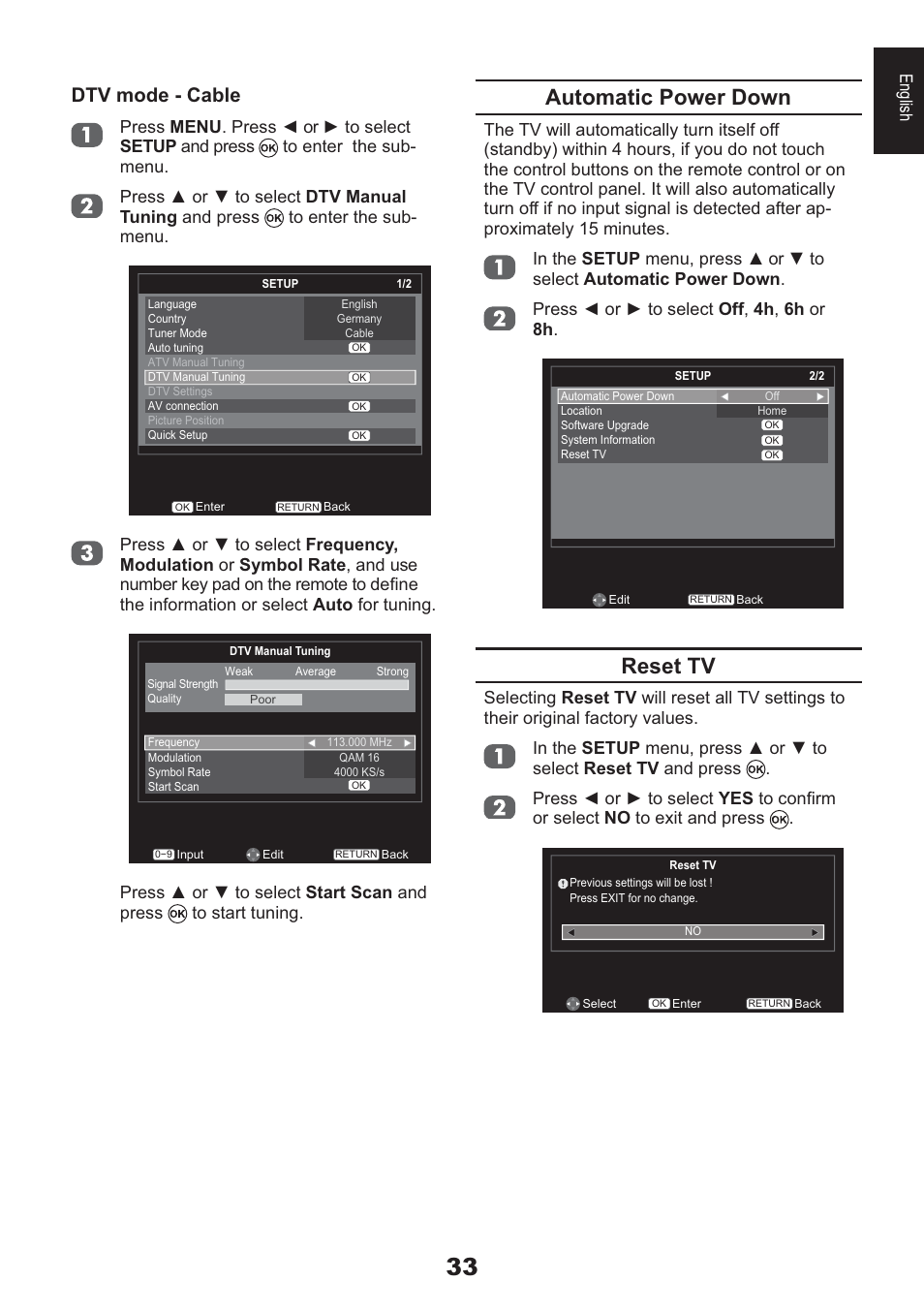 Automatic power down, Reset tv, Dtv mode - cable | English | Toshiba HL933 User Manual | Page 33 / 72