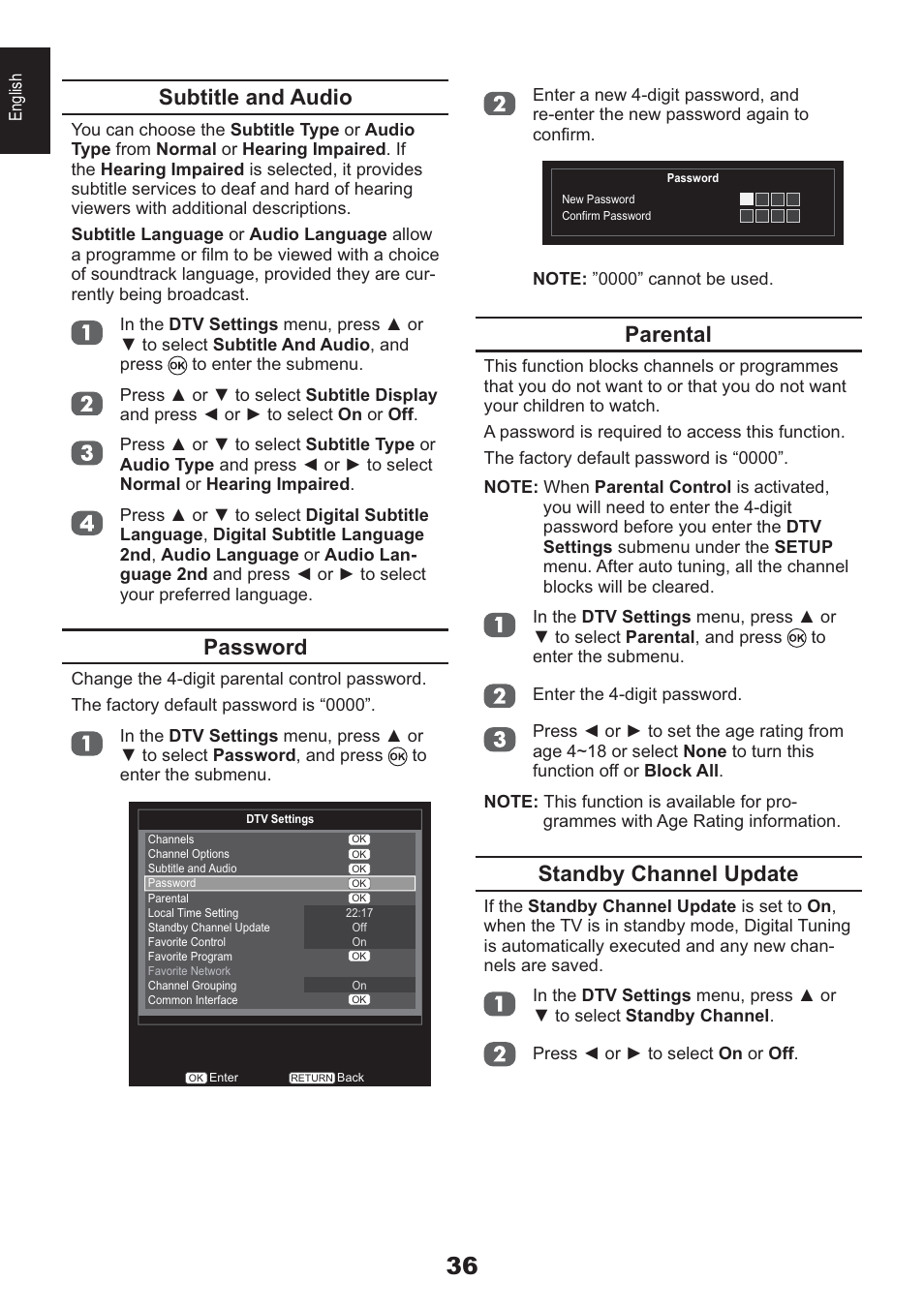 Parental, Standby channel update, Subtitle and audio | Password | Toshiba HL933 User Manual | Page 36 / 72