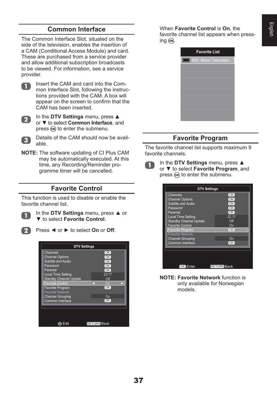 Common interface, Favorite control, Favorite program | English | Toshiba HL933 User Manual | Page 37 / 72