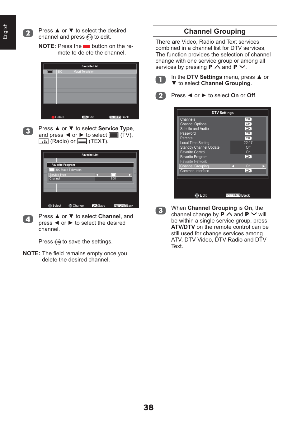 Channel grouping, English | Toshiba HL933 User Manual | Page 38 / 72