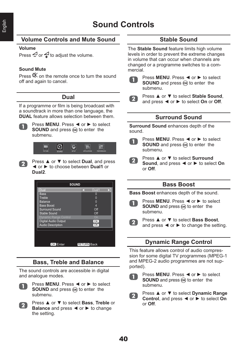 Sound controls, Volume controls and mute sound, Dual | Bass, treble and balance, Stable sound, Surround sound, Bass boost, Dynamic range control | Toshiba HL933 User Manual | Page 40 / 72