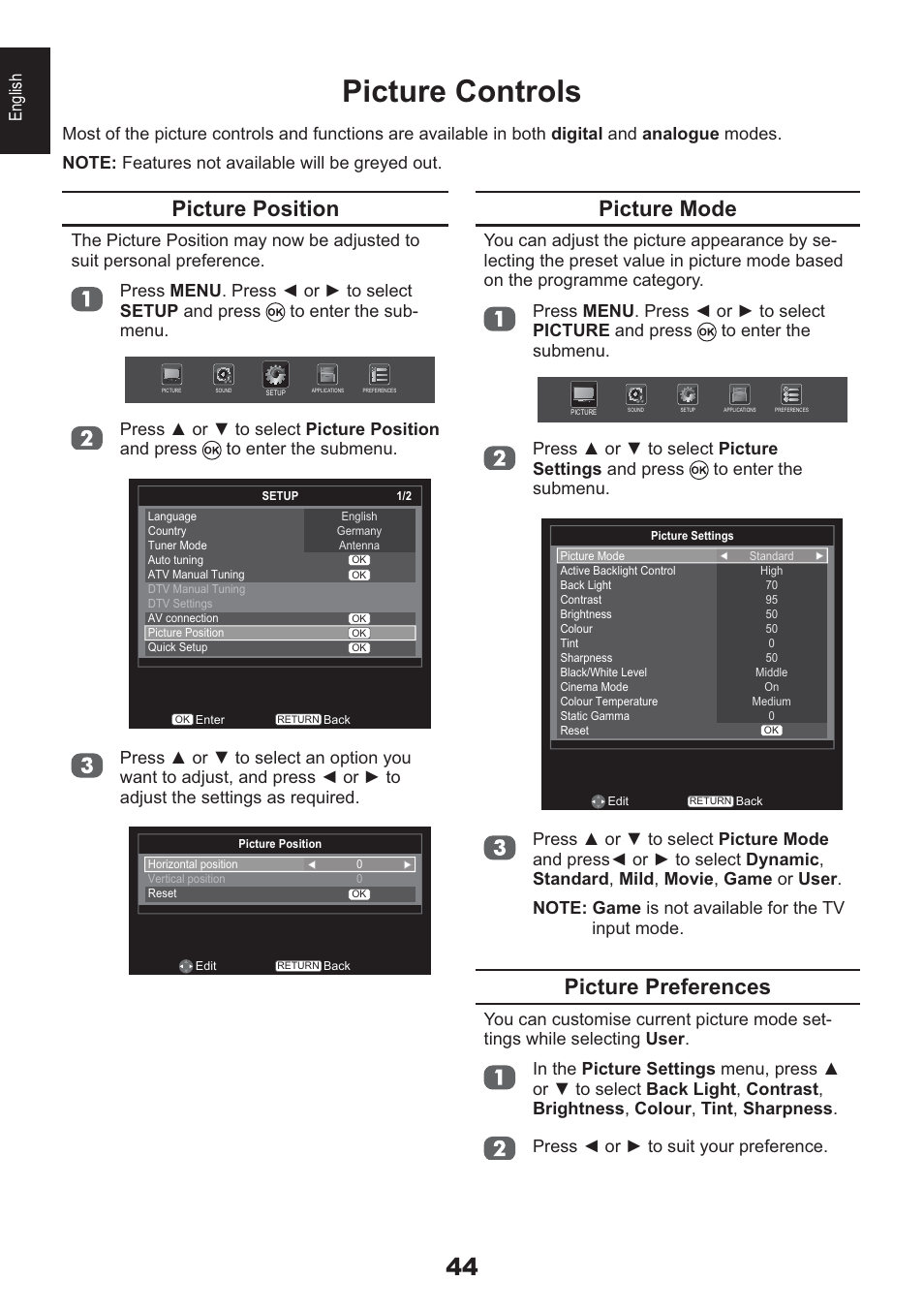 Picture controls, Picture position, Picture mode | Picture preferences, English | Toshiba HL933 User Manual | Page 44 / 72